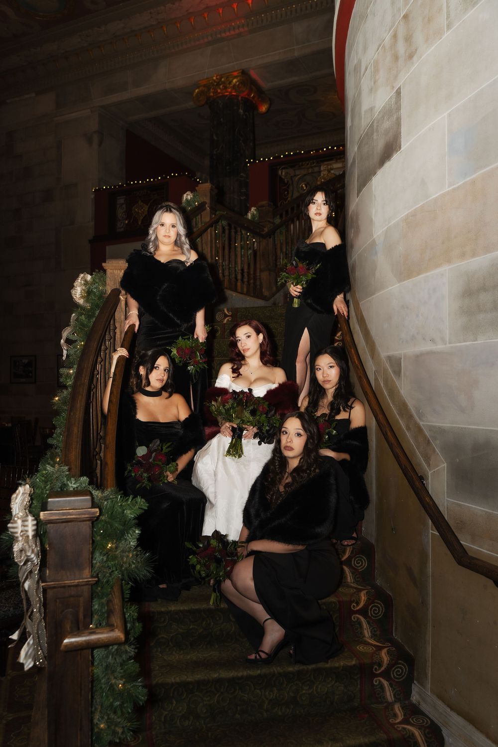 bridesmaids group photo on the grand staircase at the society room wedding venue in Hartford connecticut, located near Hartford City hall