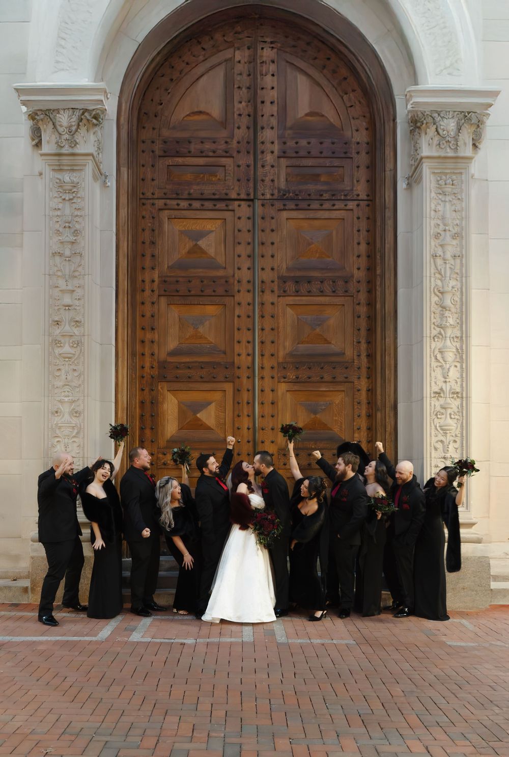 bridal party at the society room wedding venue with giant architectural doors in Hartford connecticut, located near Hartford City hall
