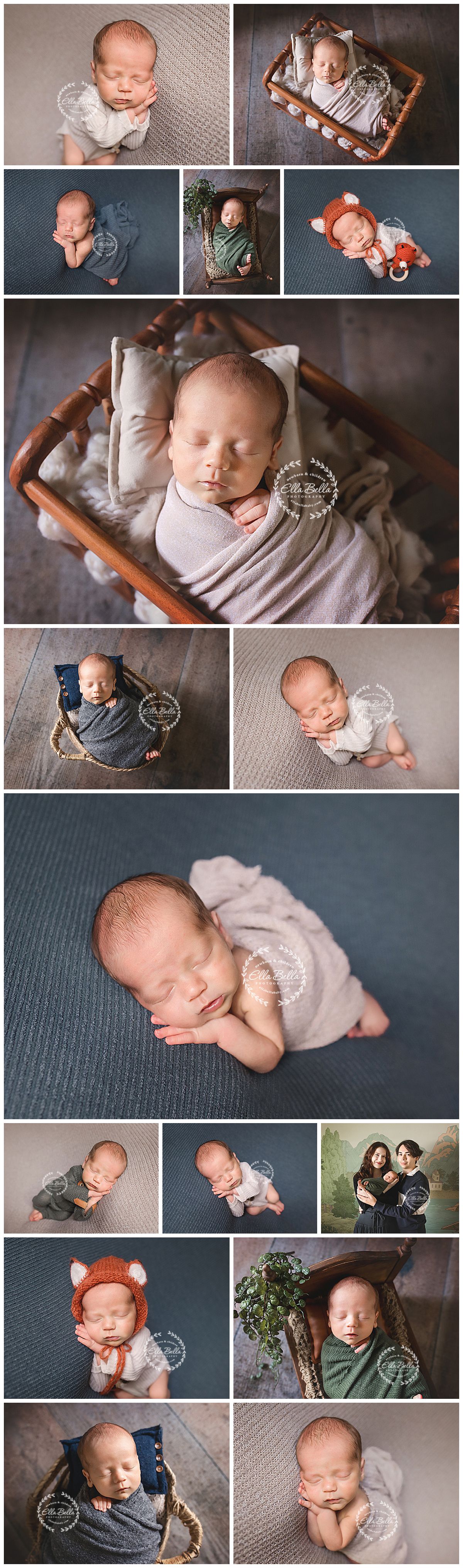 Newborn baby photography collage featuring sleeping infant in various poses, wraps, and props including baskets and fox bonnet.