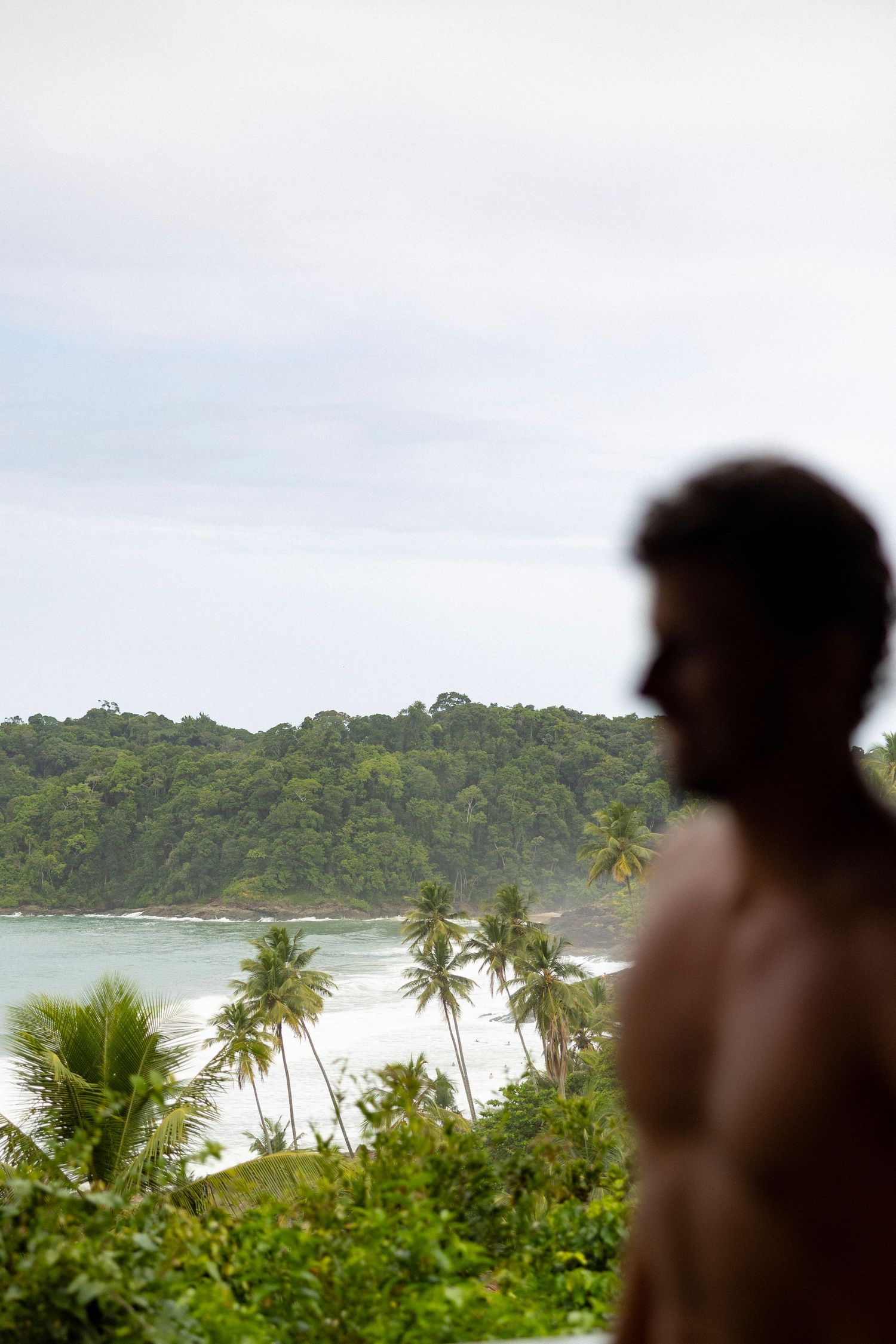 Shirtless man in foreground with lush tropical beach, palm trees, and ocean coastline in background under cloudy skies.