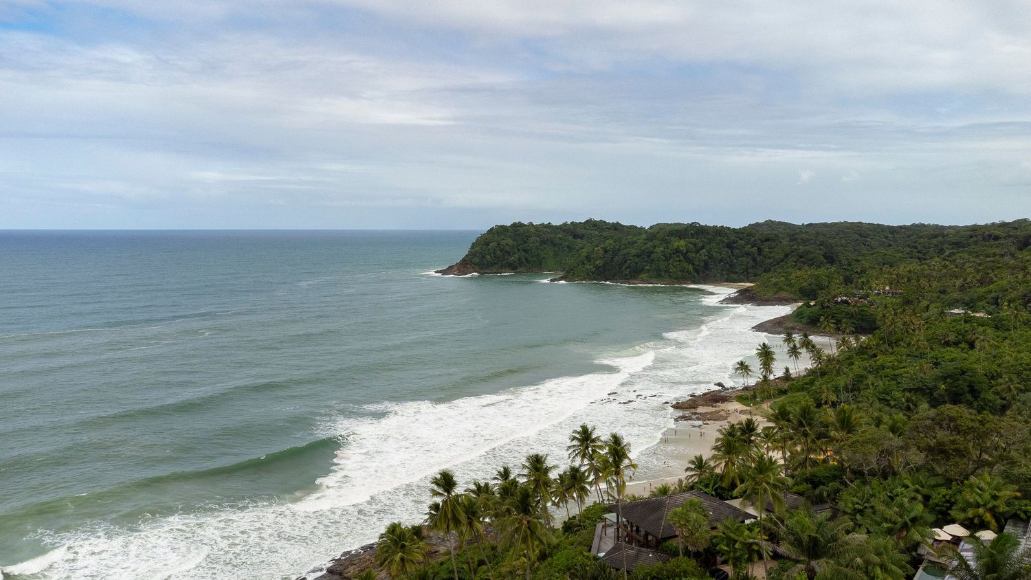 Aerial view of a tropical beach with lush green jungle, palm trees, and rolling ocean waves under a cloudy sky.