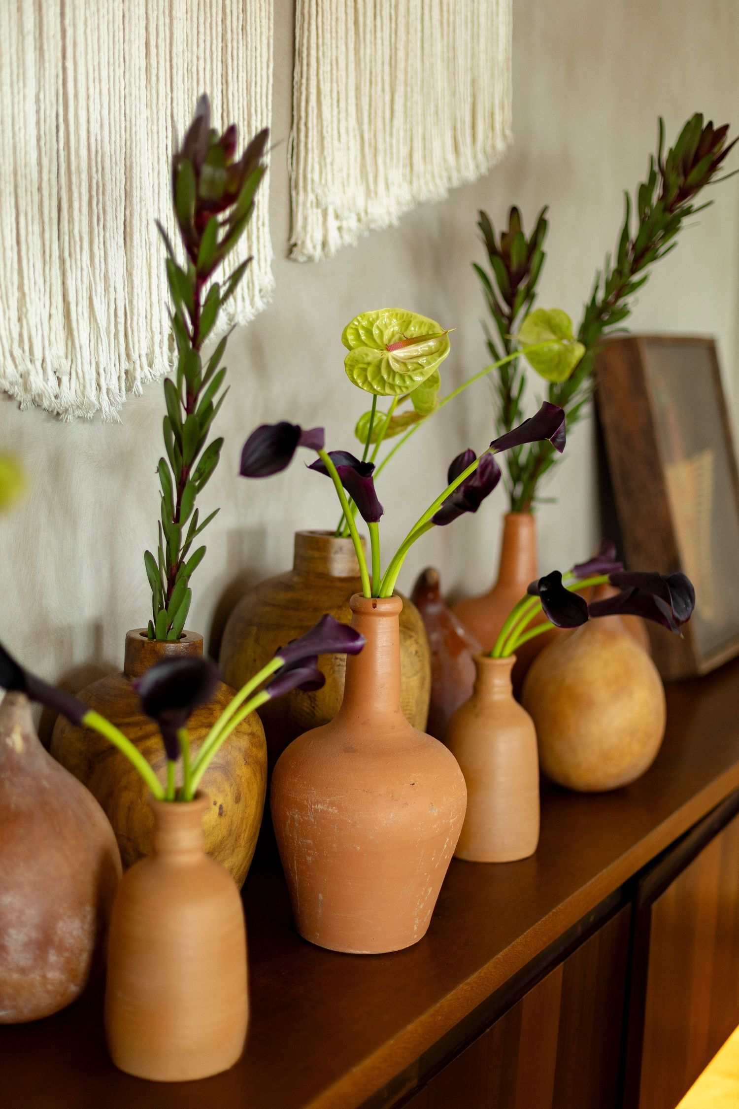 Terracotta vases with dark calla lilies and green anthuriums arranged on a wooden shelf with macrame wall decor.