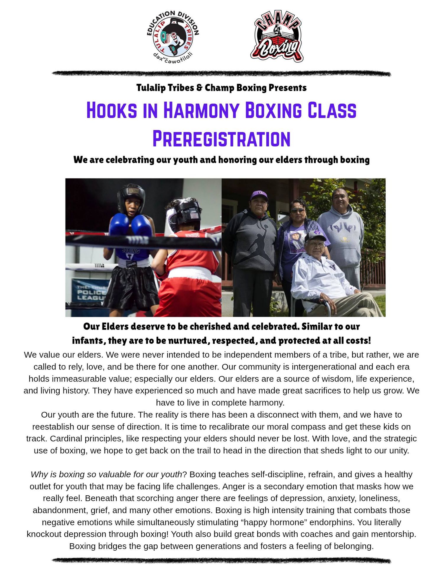 Tulalip Tribes and Champ Boxing present Hooks in Harmony Boxing Class preregistration flyer celebrating elders and youth.