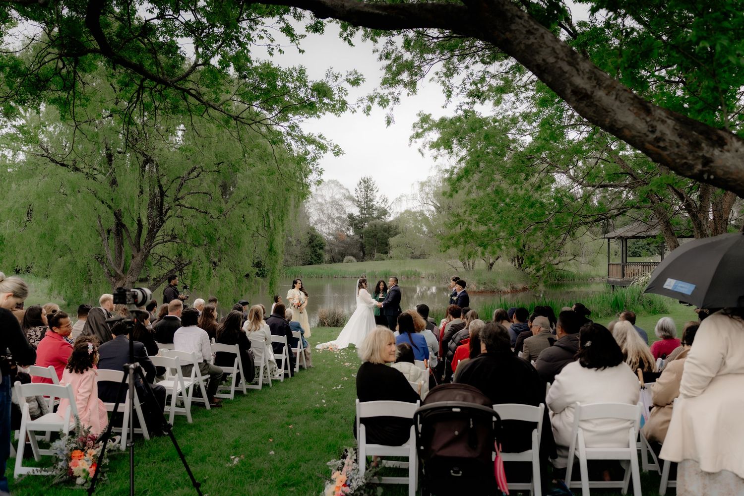 Outdoor wedding ceremony with guests seated on white chairs under a large tree beside a serene pond on a cloudy day.