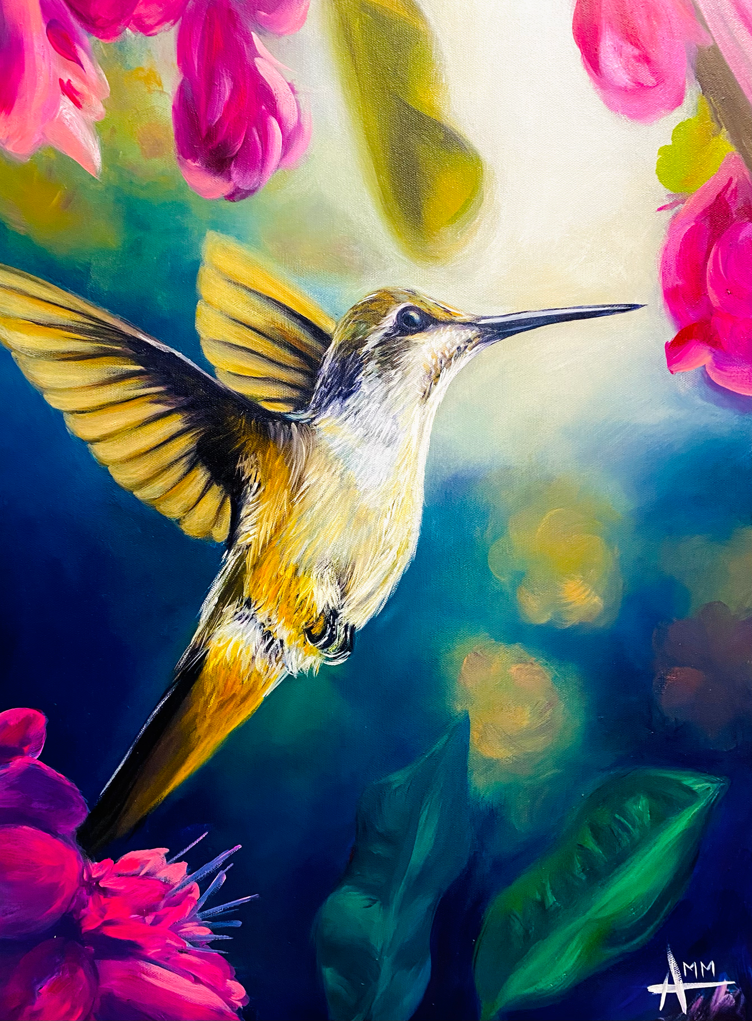 A vibrant painting of a golden hummingbird hovering near pink tropical flowers on a blue-green background.