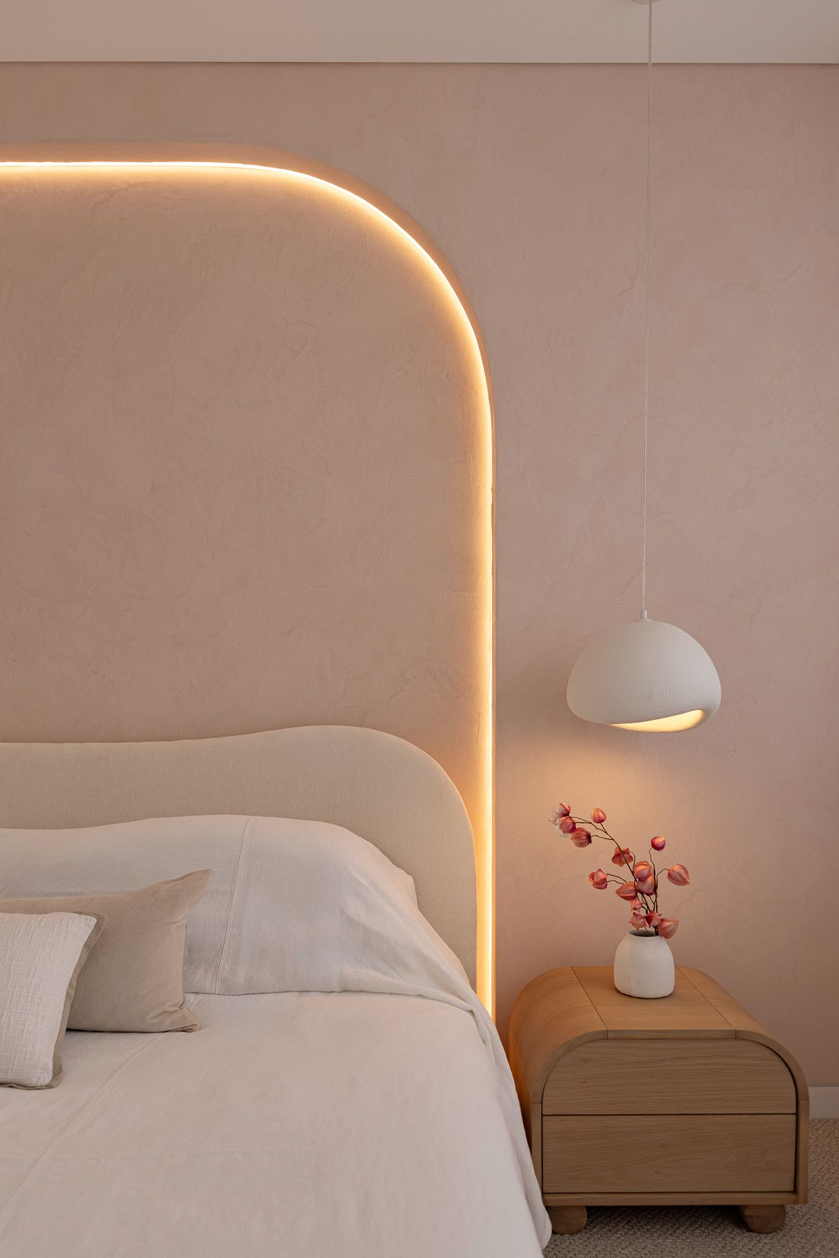 Bedroom interior photography featuring soft lighting and contemporary architectural design in Miranda NSW.