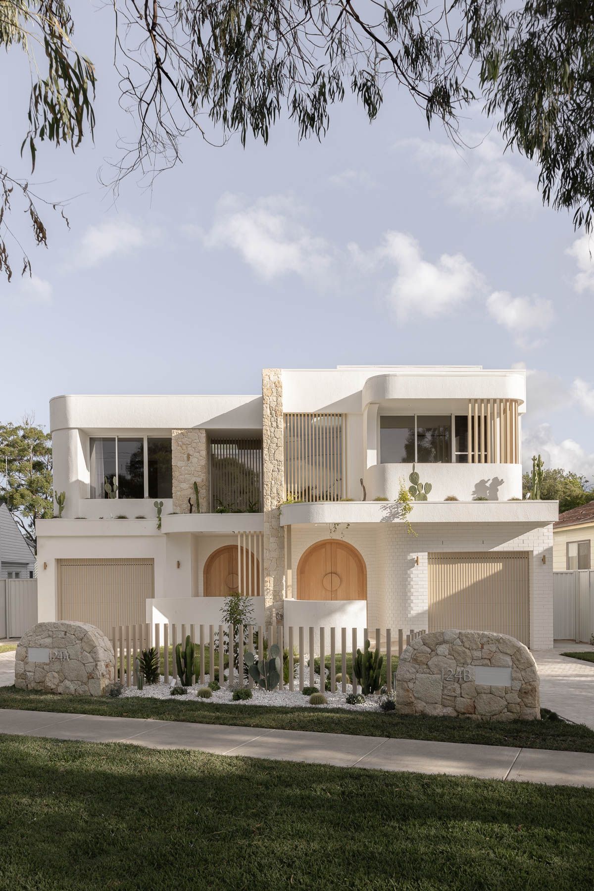 Architectural photography capturing luxury duplex facade and exterior landscaping in Miranda NSW.
