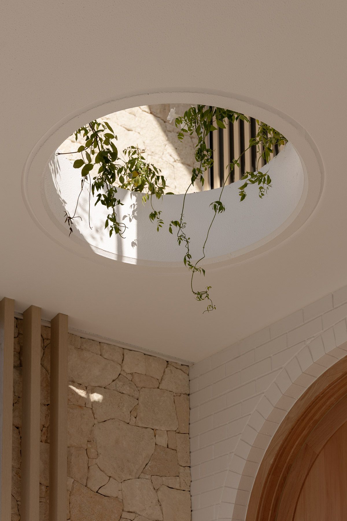 Architectural detail photography of curved entryway and natural light in luxury Miranda duplex.