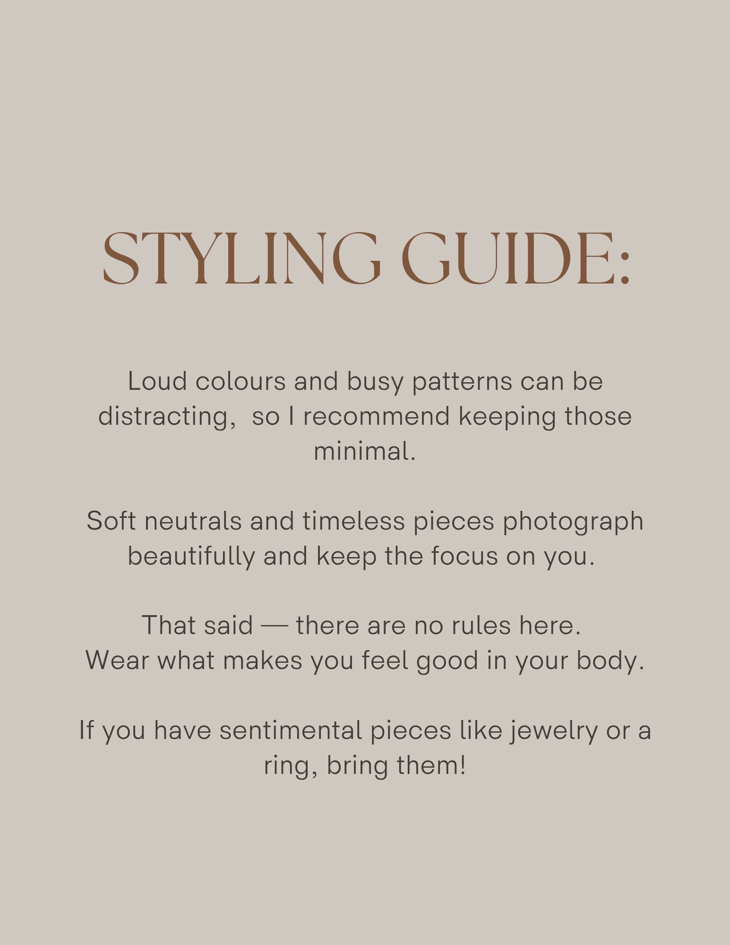 A beige styling guide card with tips on wearing soft neutrals, timeless pieces, and sentimental jewelry for photography sessions.