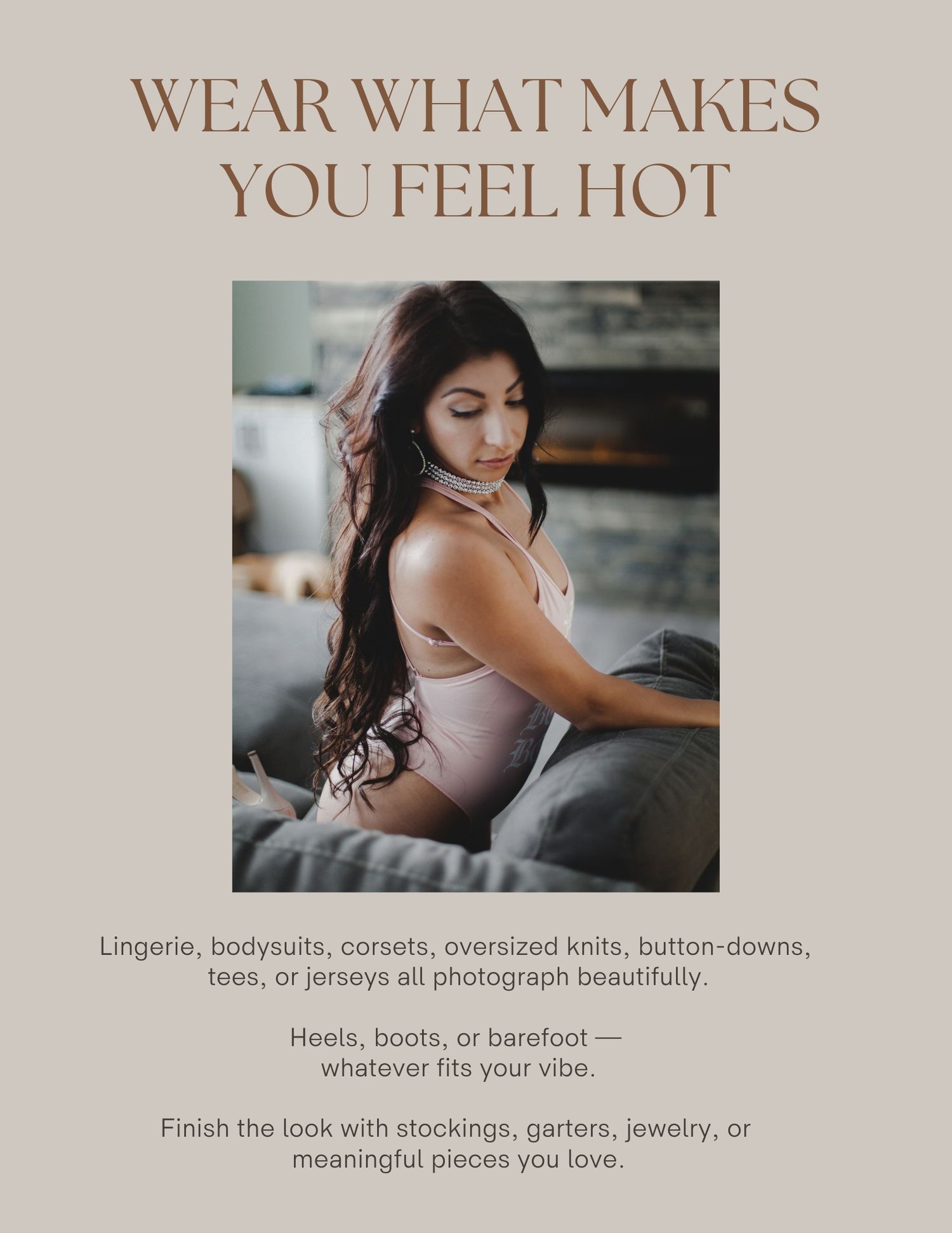 Boudoir photography guide showing a woman in pink lingerie on a bed with outfit tips for a boudoir session.