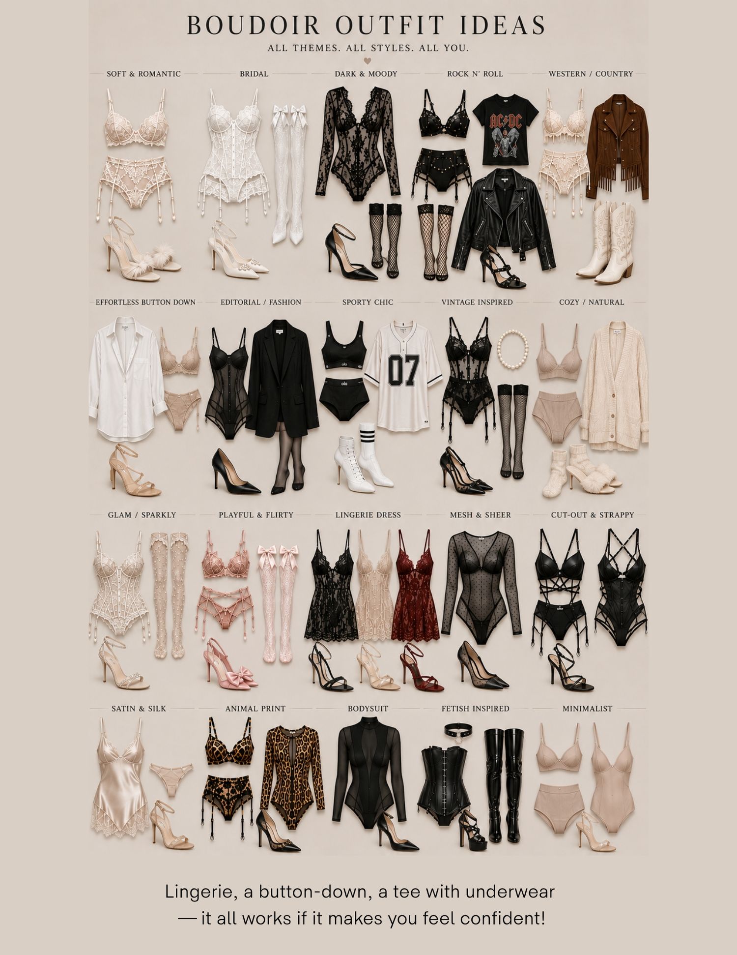 Boudoir outfit ideas guide featuring lingerie, bodysuits, and button-downs across themes like bridal, rock, and minimalist styles.