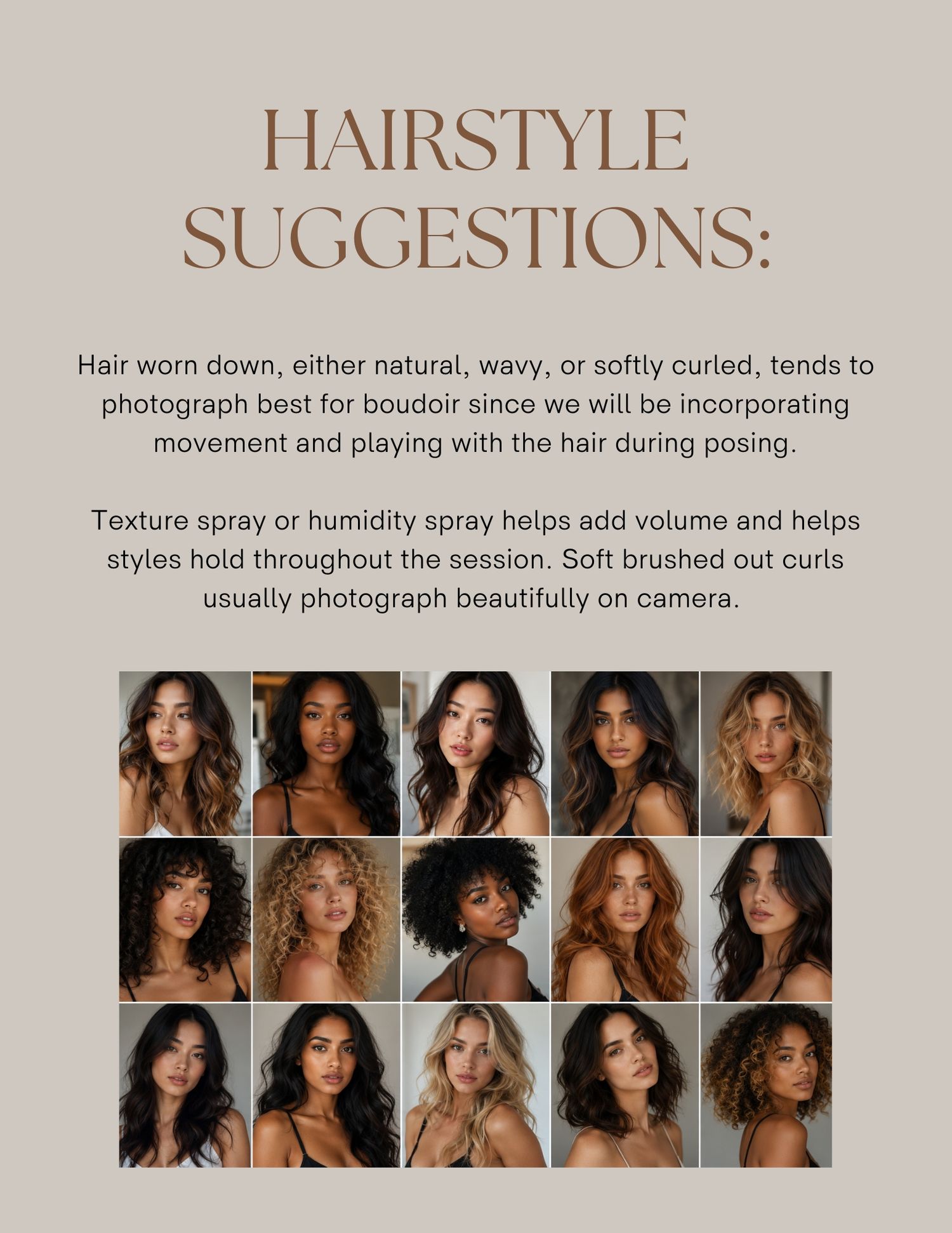 Boudoir hairstyle suggestions guide featuring women with natural, wavy, and softly curled hair worn down for photography sessions.