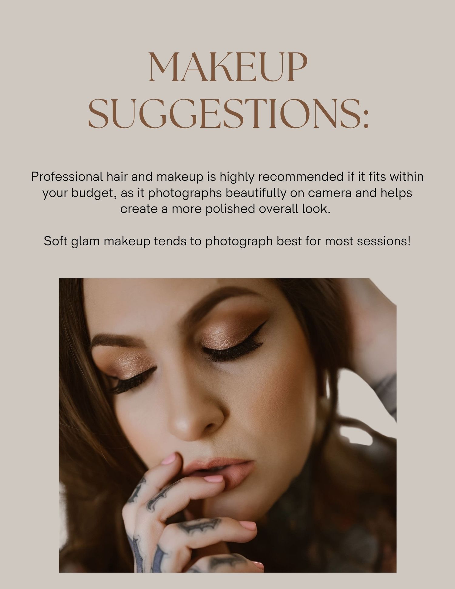 Makeup suggestions guide featuring a close-up of a woman with soft glam makeup, long lashes, and a polished look.