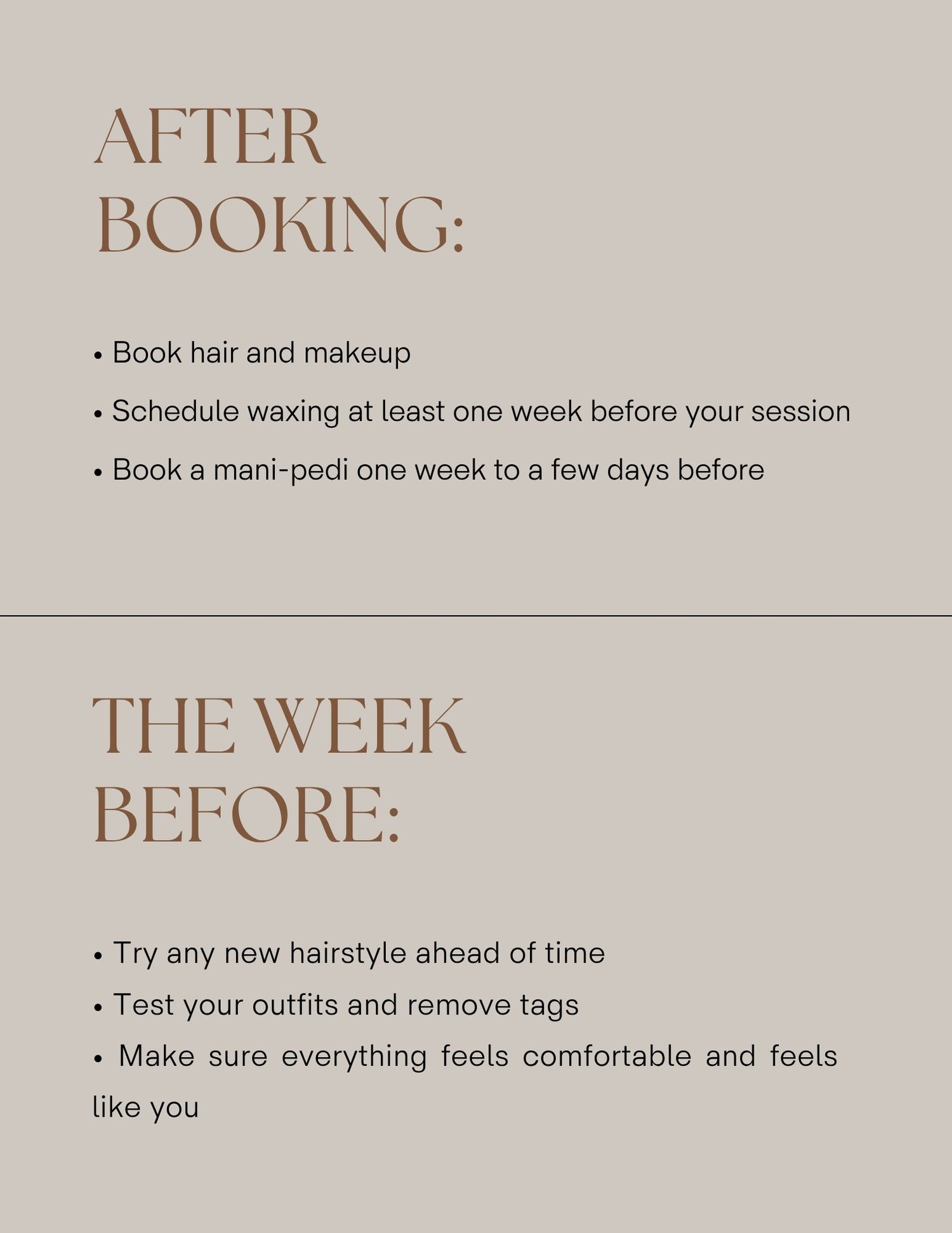Photography session preparation checklist with after booking and week before tips on a neutral beige background.