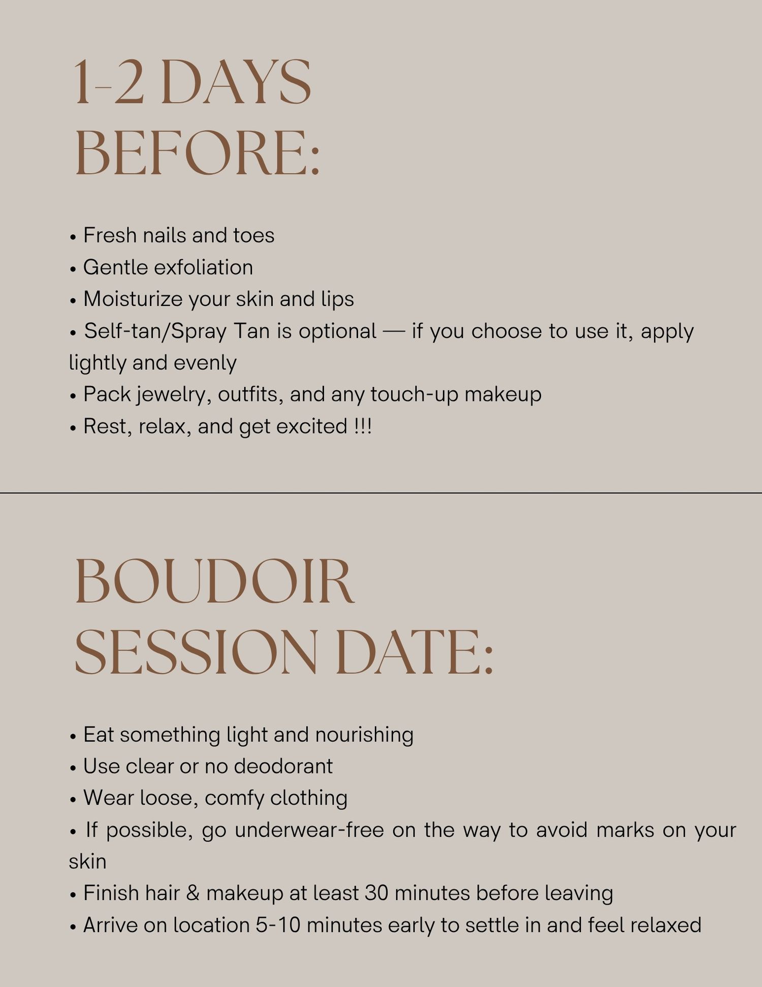 Boudoir session preparation guide listing tips for 1-2 days before and on the session date for a flawless photoshoot.