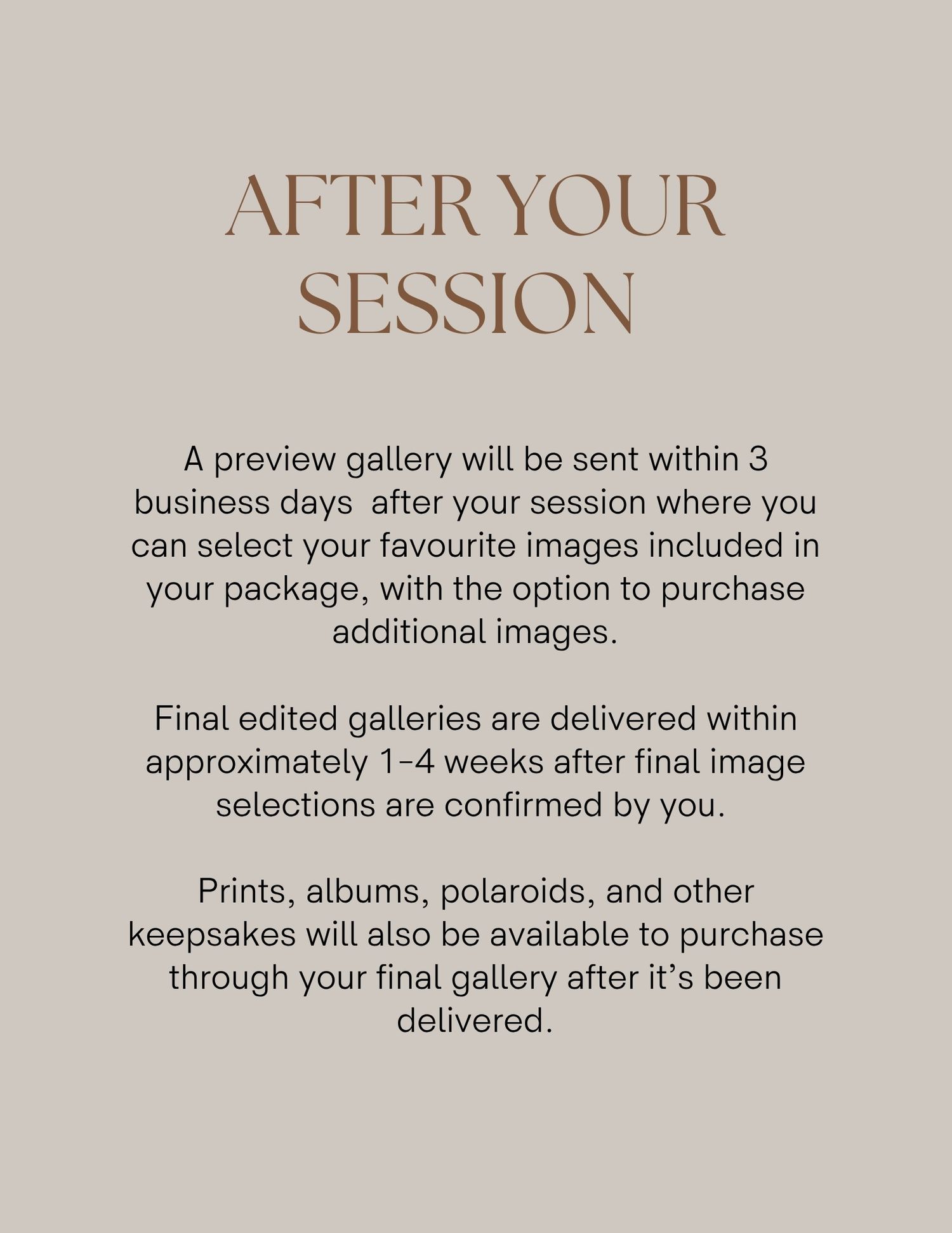 Boudoir photography session info card detailing gallery delivery timelines and keepsake purchase options.