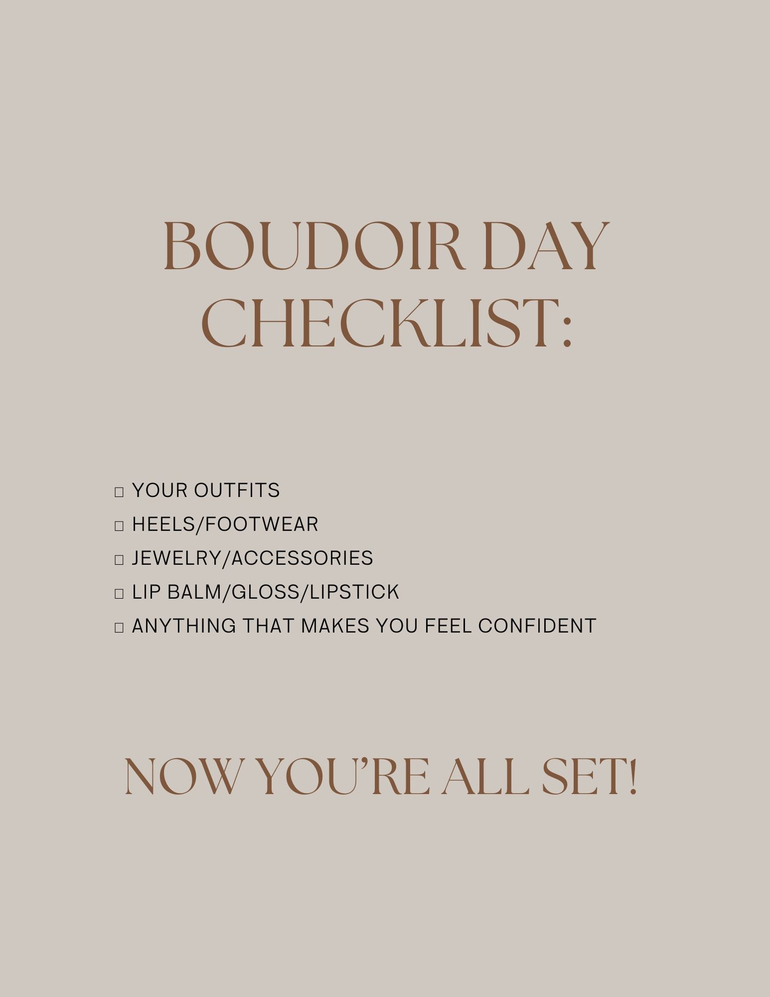 Boudoir day checklist graphic listing outfits, heels, jewelry, lip balm, and confidence boosters on beige background.