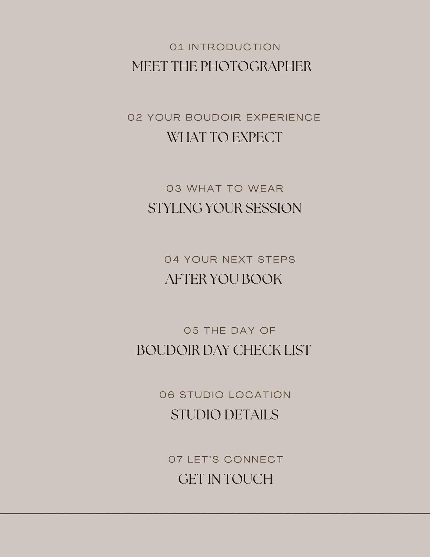 A beige boudoir photography guide booklet showing a table of contents with seven sections including studio details and styling tips.