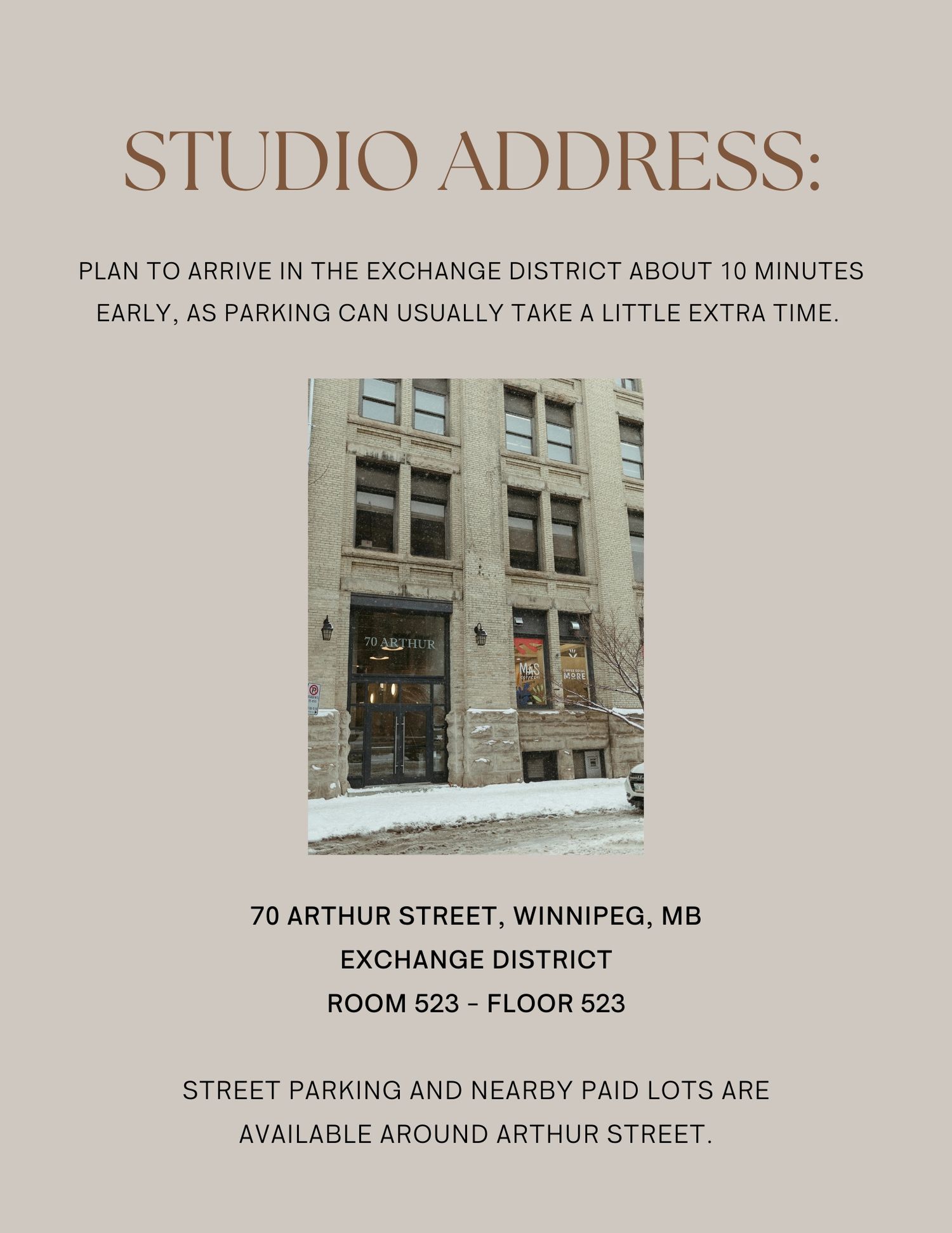 Studio address card for 70 Arthur Street Winnipeg MB Exchange District Room 523 with photo of historic stone building.