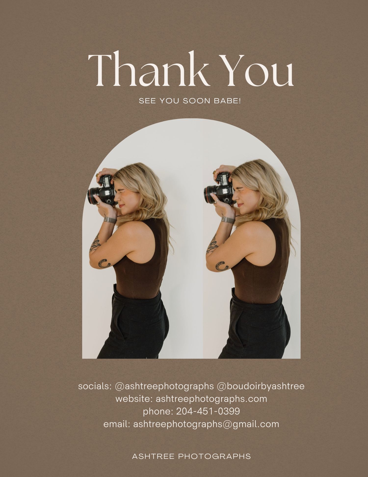 Thank you card for Ashtree Photographs featuring a tattooed blonde photographer holding a camera on brown background.