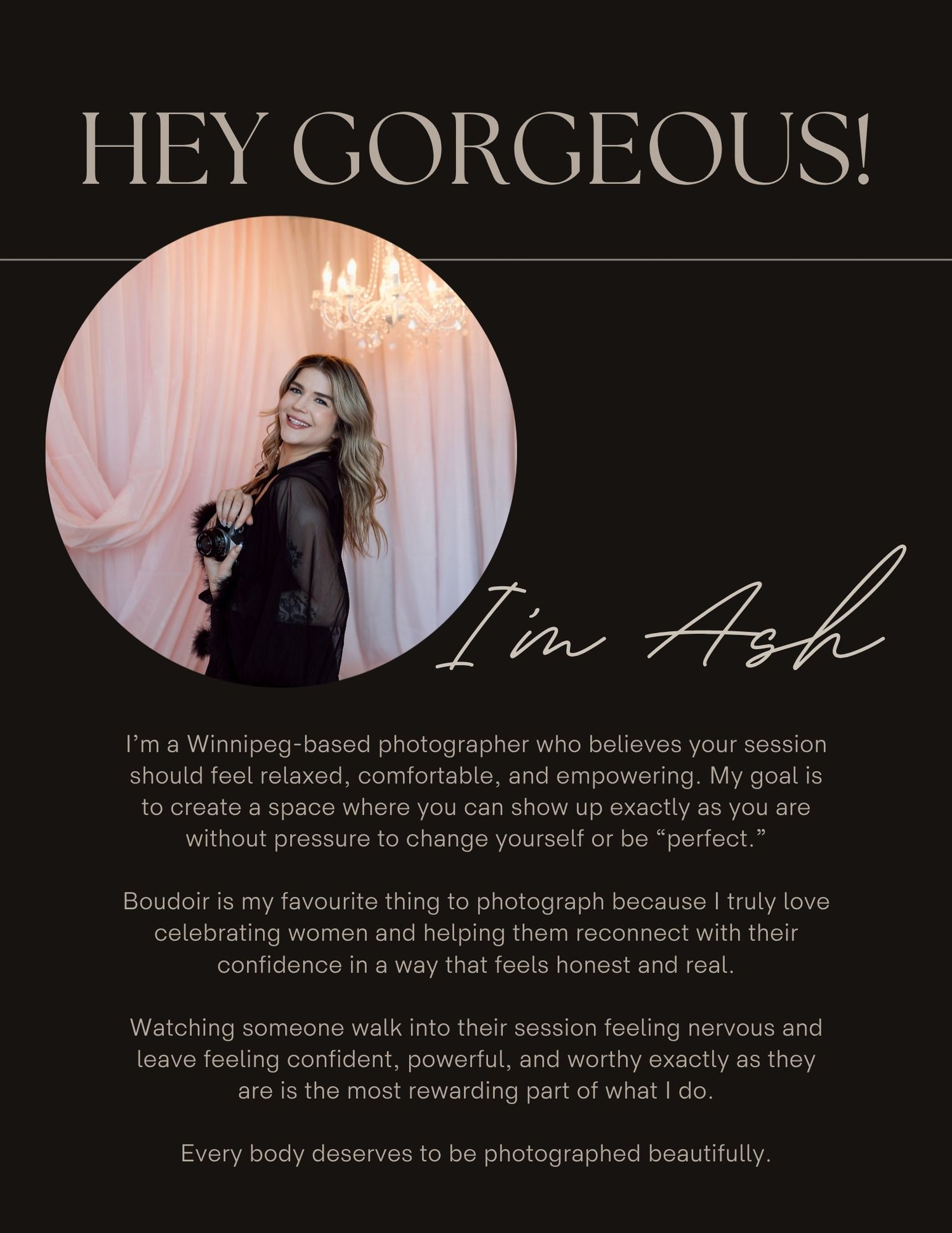 Ash, a Winnipeg boudoir photographer, smiles warmly in a promotional portrait surrounded by soft pink draping.