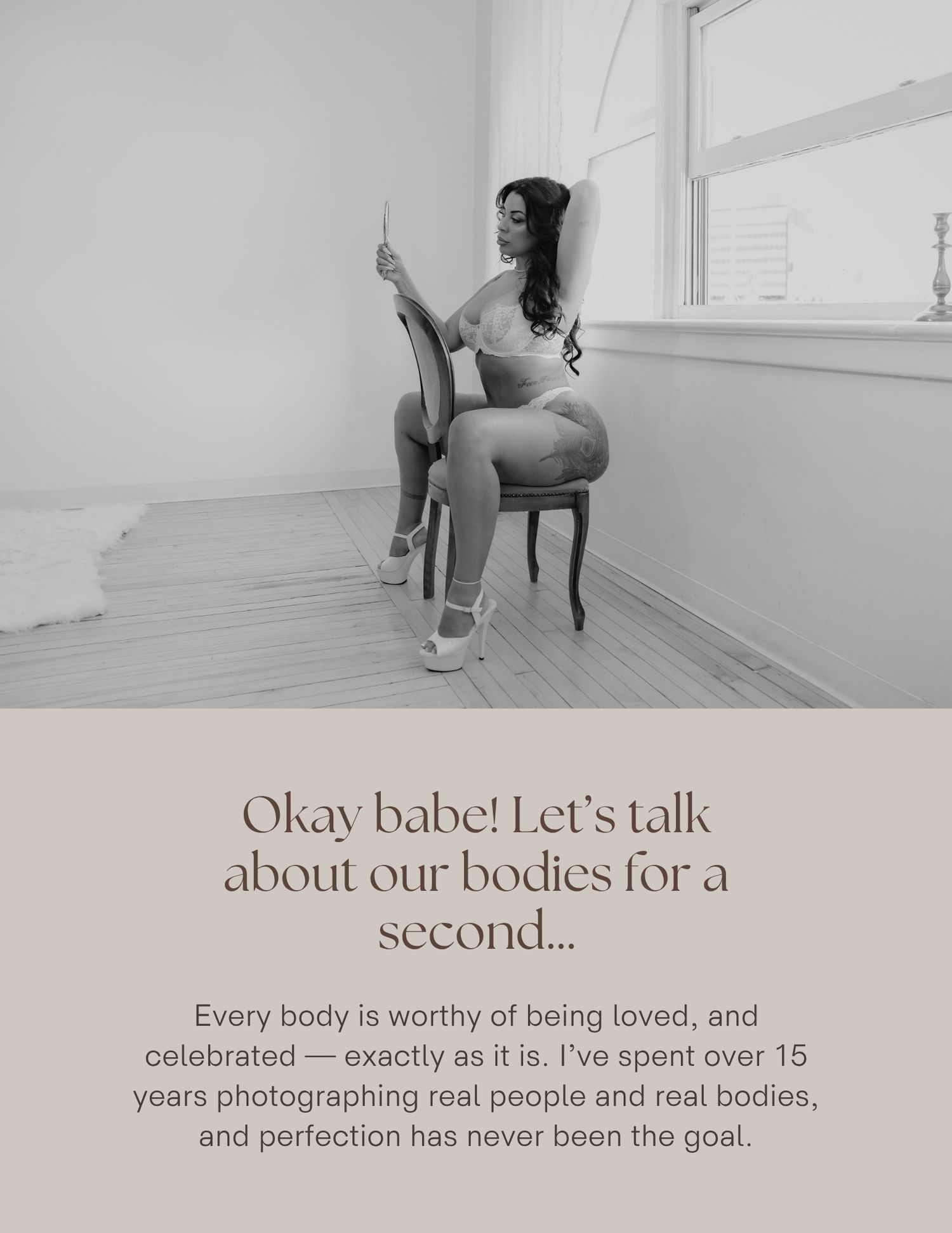 Black and white boudoir photo of a woman seated in a chair near a window, with body-positive text overlay below.
