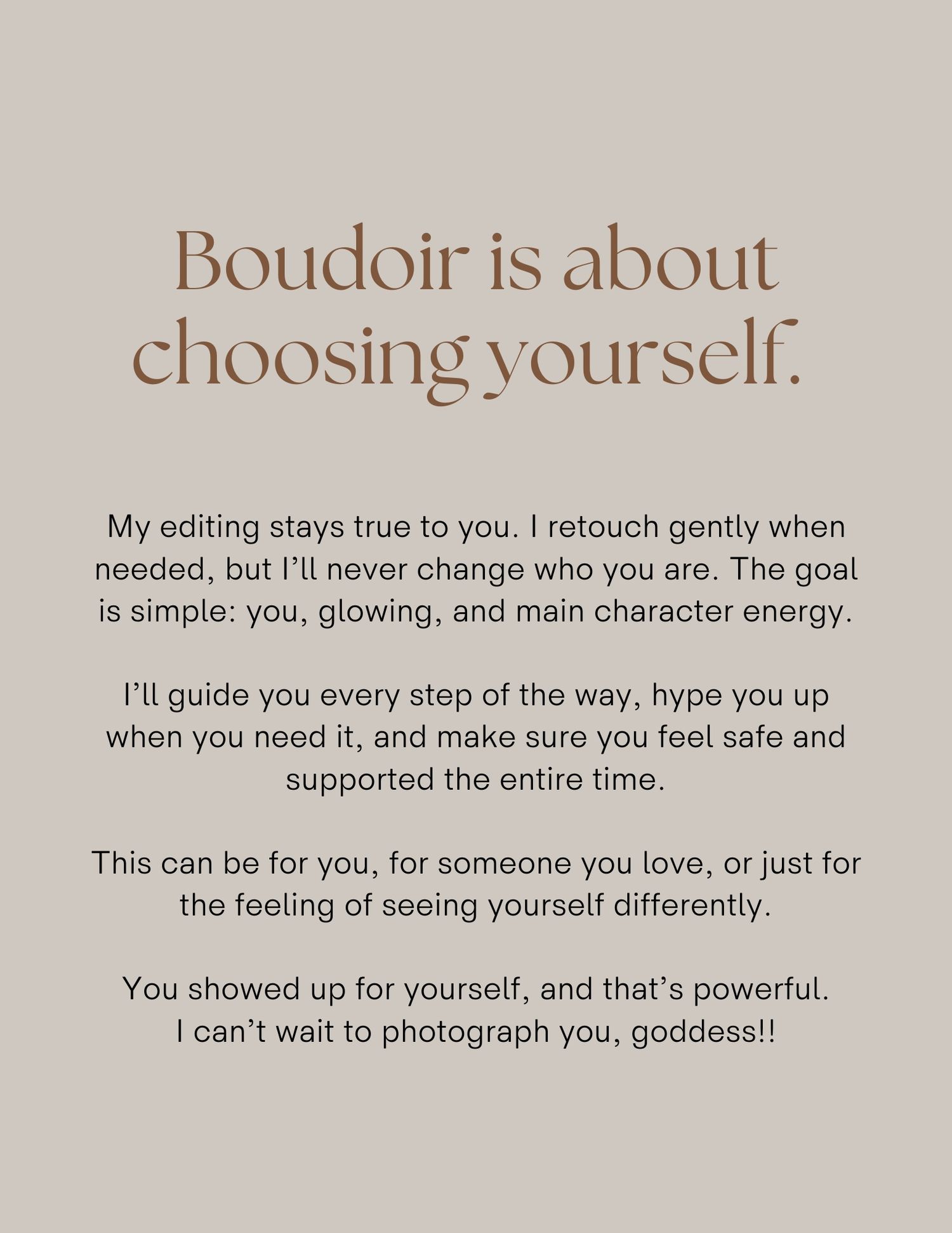 Boudoir photography promotional graphic with empowering text about choosing yourself and gentle retouching on a neutral background.