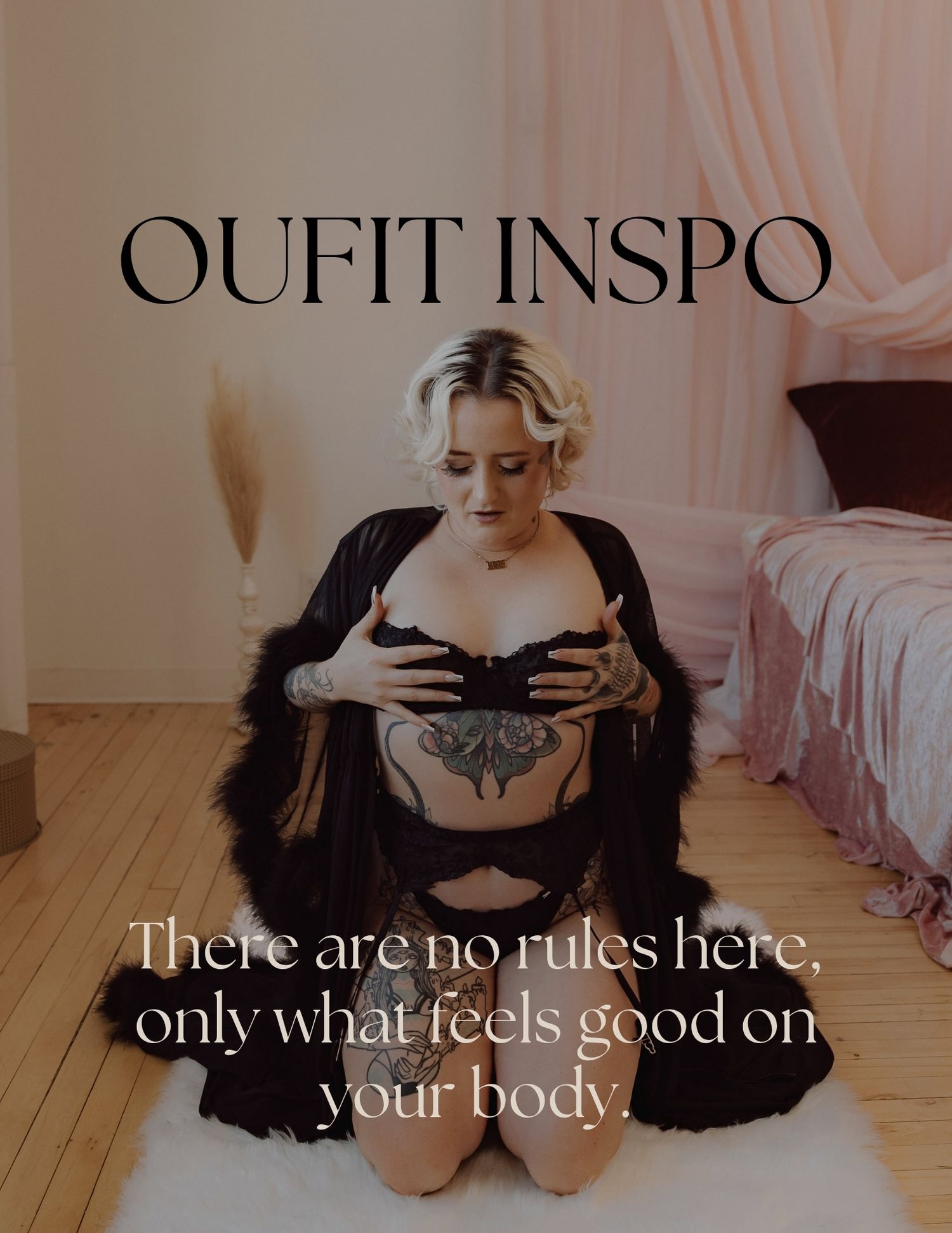 Pregnant woman in black lingerie and fur robe poses for outfit inspiration, showcasing body-positive maternity fashion.