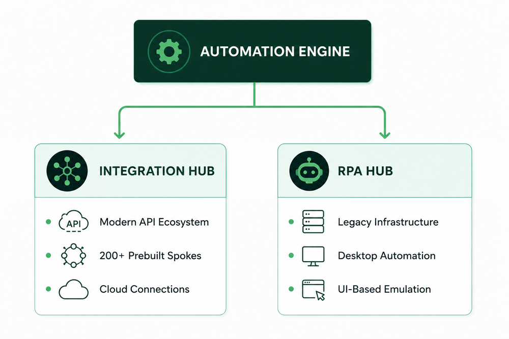 Automation Engine diagram showing Integration Hub with API ecosystem and RPA Hub with legacy infrastructure and desktop automation.