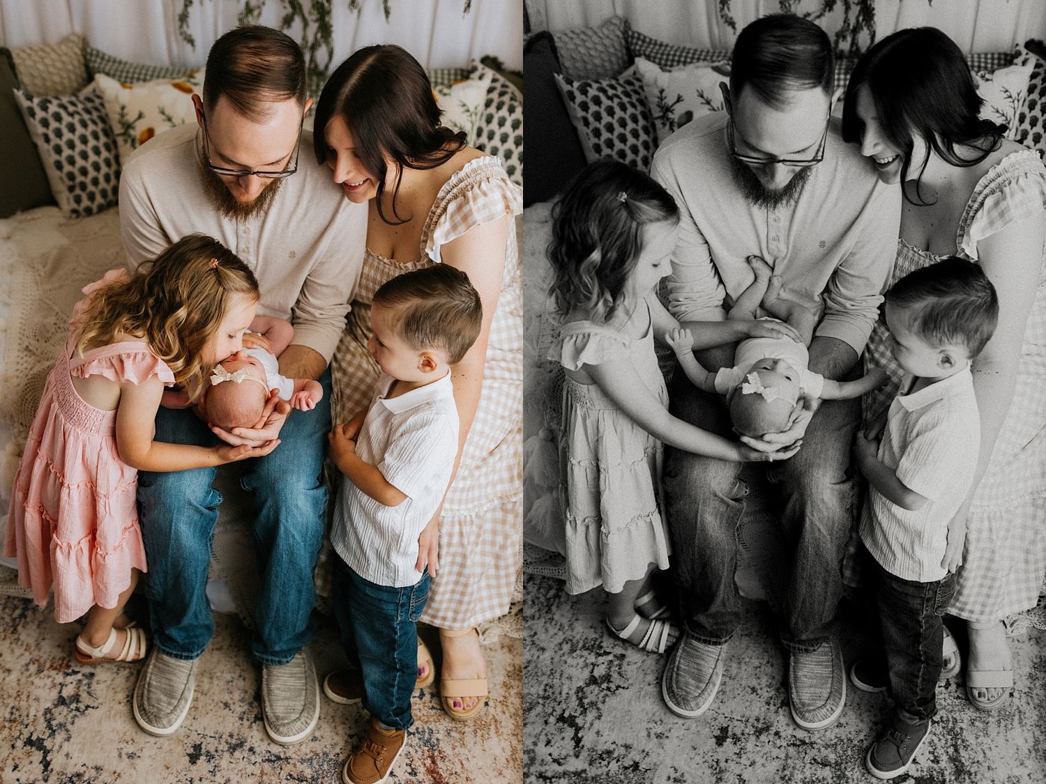 Family of five with newborn baby posed on bed in color and black-and-white split photo.
