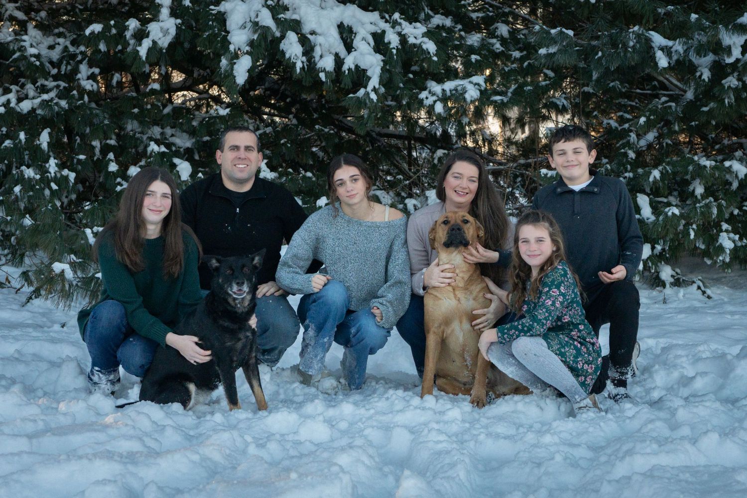 Family of five posing with two dogs in snowy winter setting outdoors near snow-covered evergreen trees.