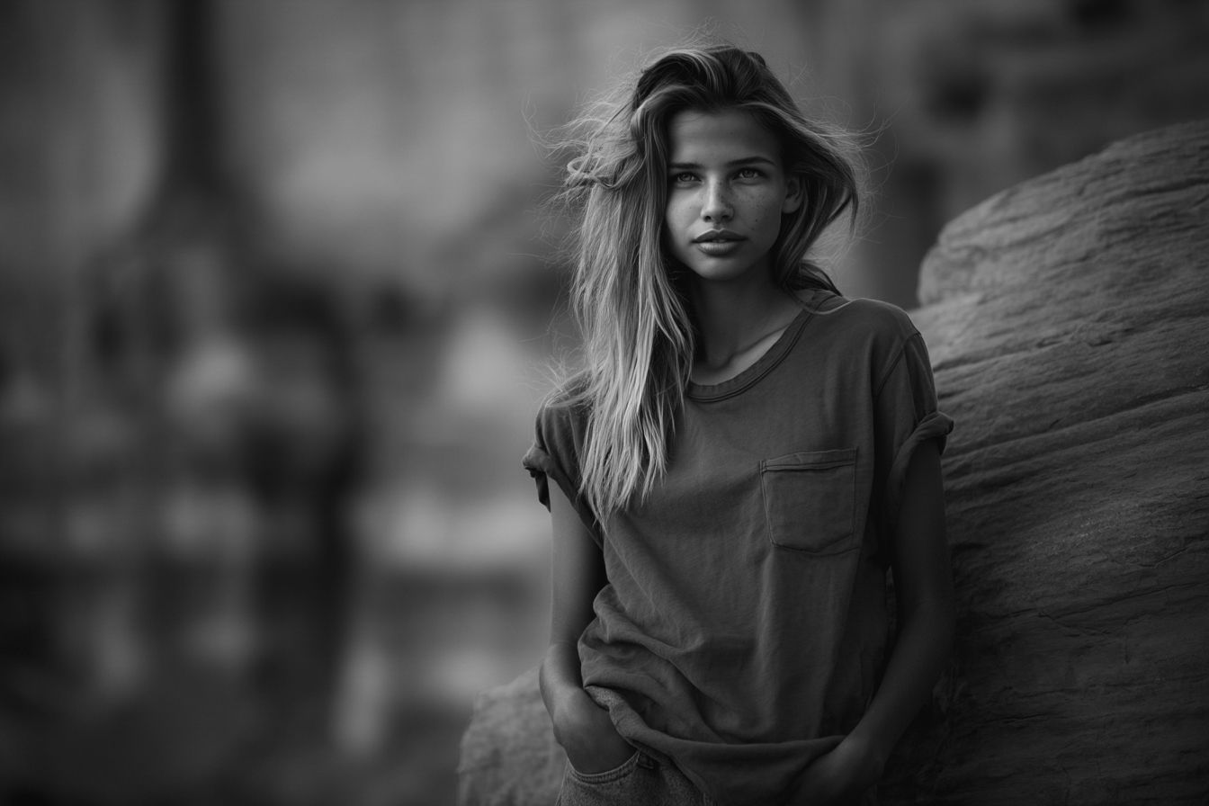 Young woman in white top posing on sandy beach at sunset with purple mountains in background.