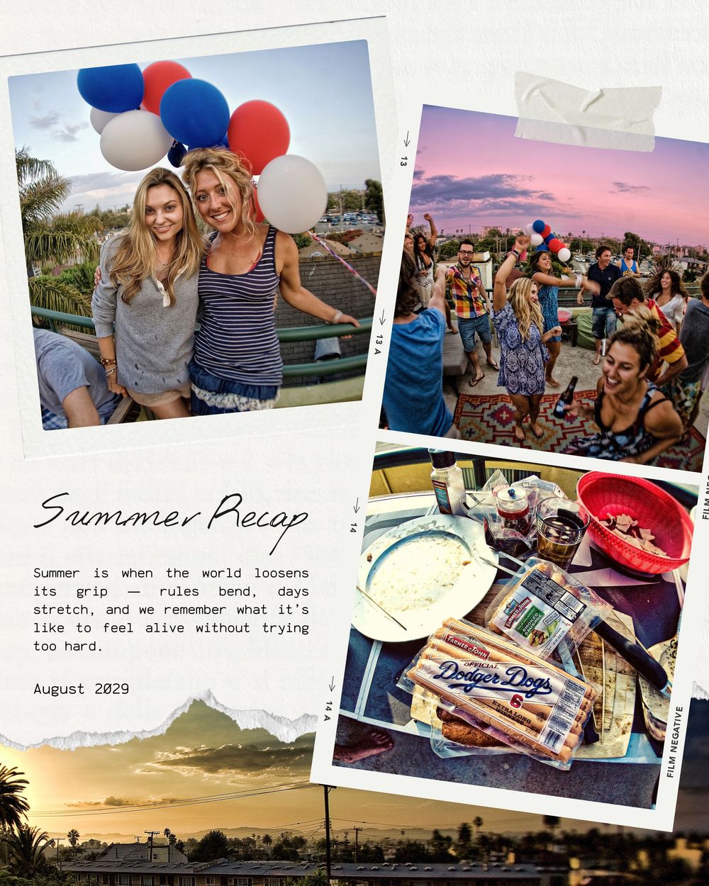 A summer recap collage featuring friends with balloons, a rooftop party at sunset, and Dodger Dogs at a baseball game.