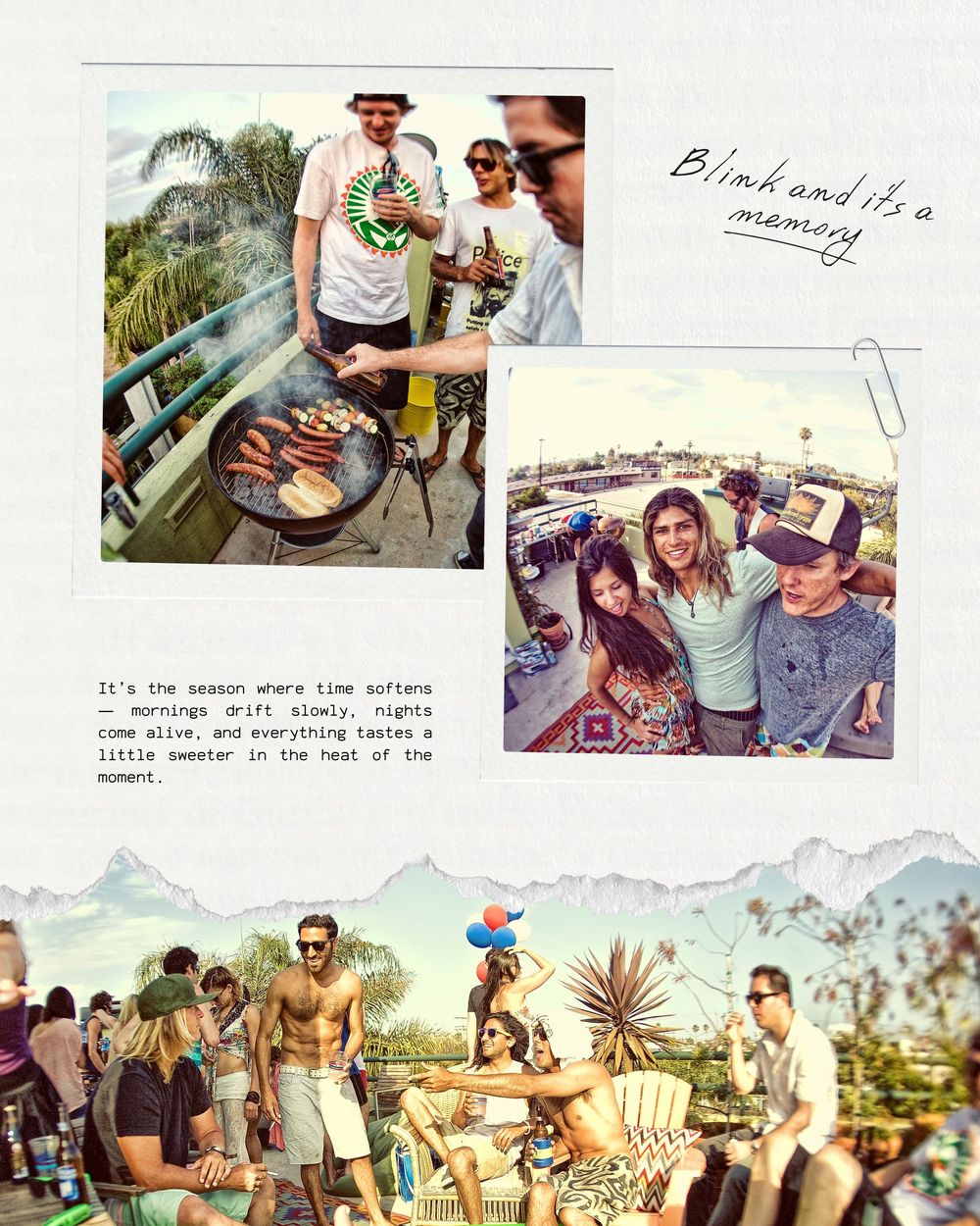 A summer scrapbook collage featuring outdoor barbecue gatherings, friends posing together, and lively party scenes under sunny skies.
