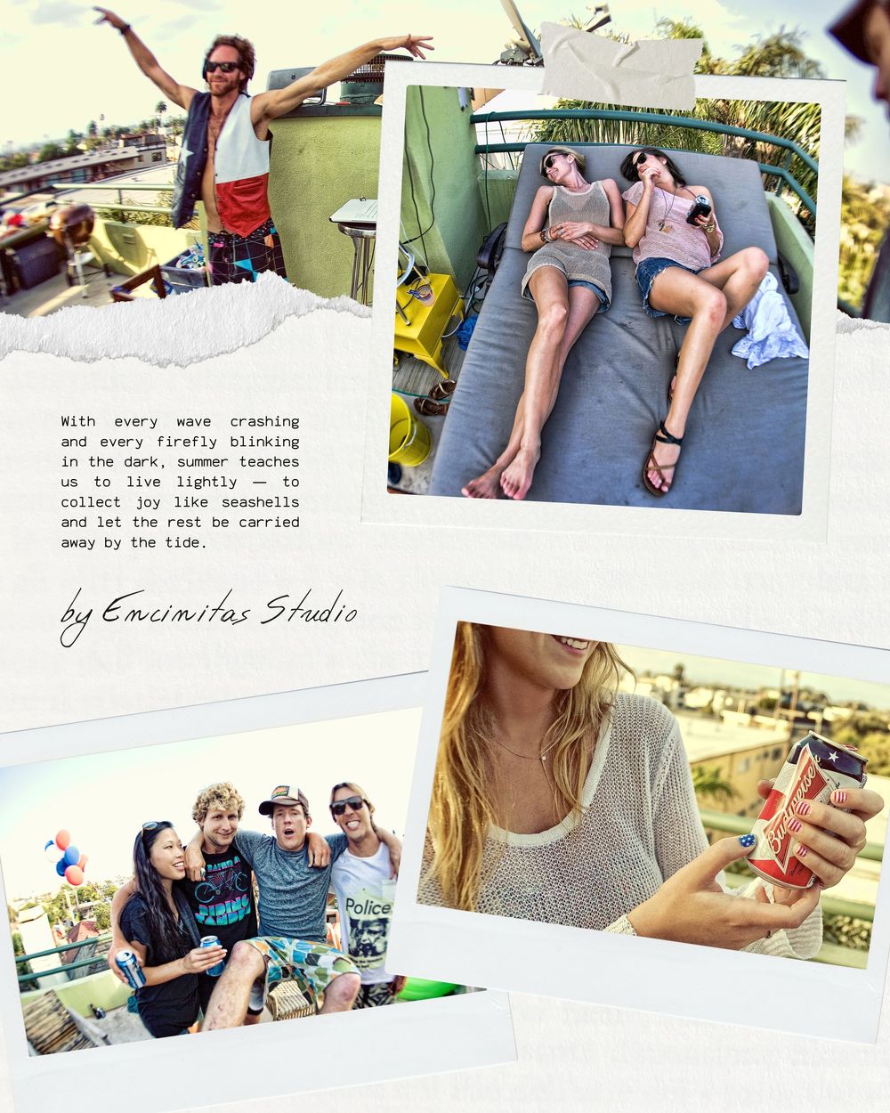 Collage of summer lifestyle photos by Emumitas Studio featuring people relaxing, posing, and enjoying beach vibes.