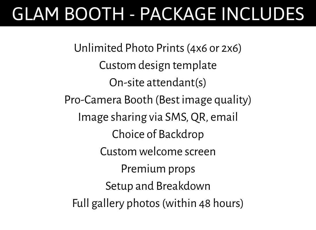 Photo booth package includes unlimited prints, GIFs, boomerangs, custom design, pro camera, backdrop choice, props, and gallery photos.