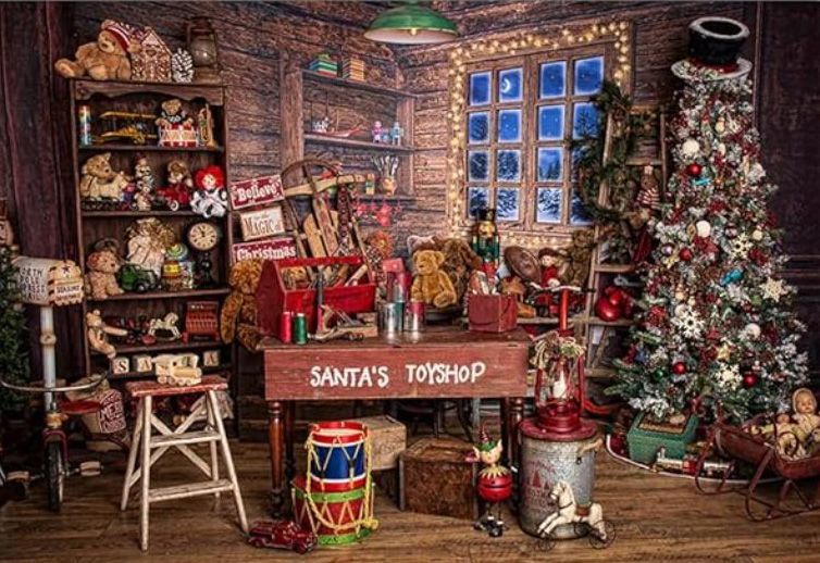 A cozy Christmas workshop scene with decorated tree, vintage toys, and Santa's workshop sign.