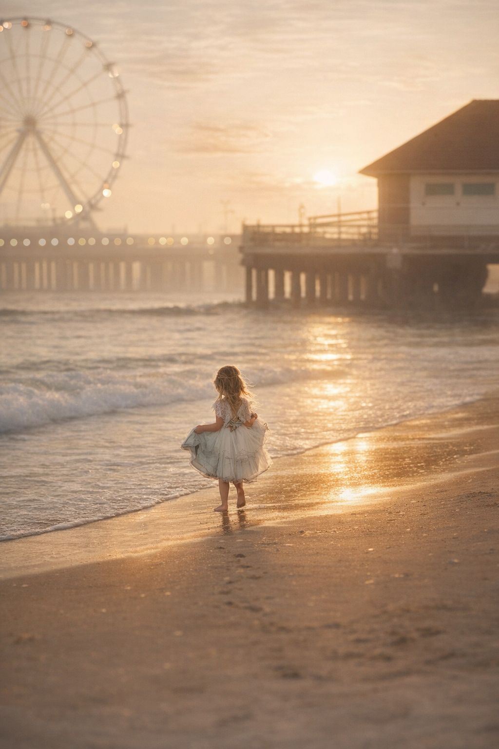 Little girl in white dress running along golden sunset beach near ferris wheel pier.