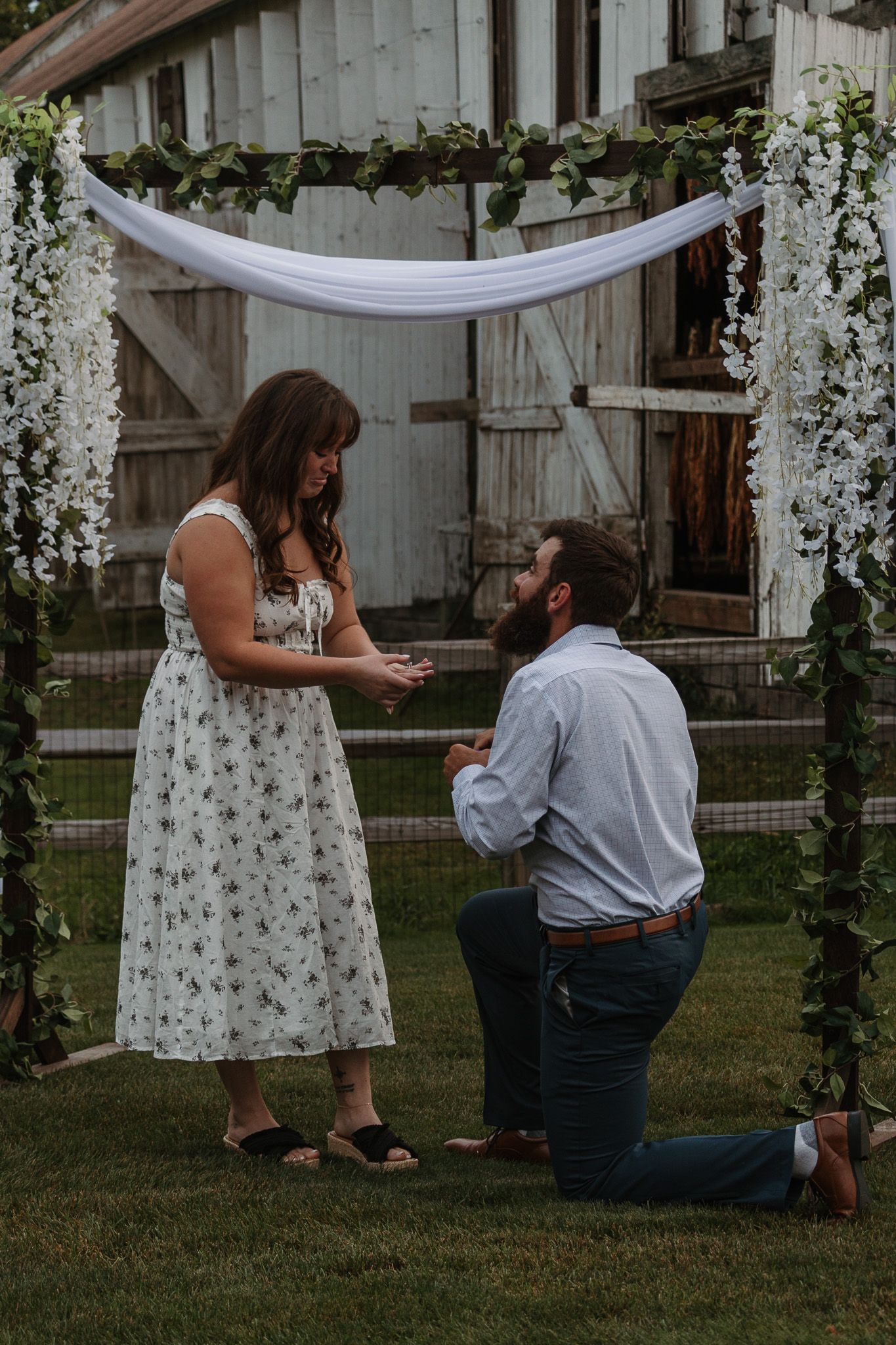 surprise proposal in Manchester, Connecticut, in front of a tobacco farm.