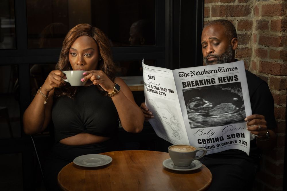 A series of people reading newspapers and having coffee at a cafe with brick walls in the background.