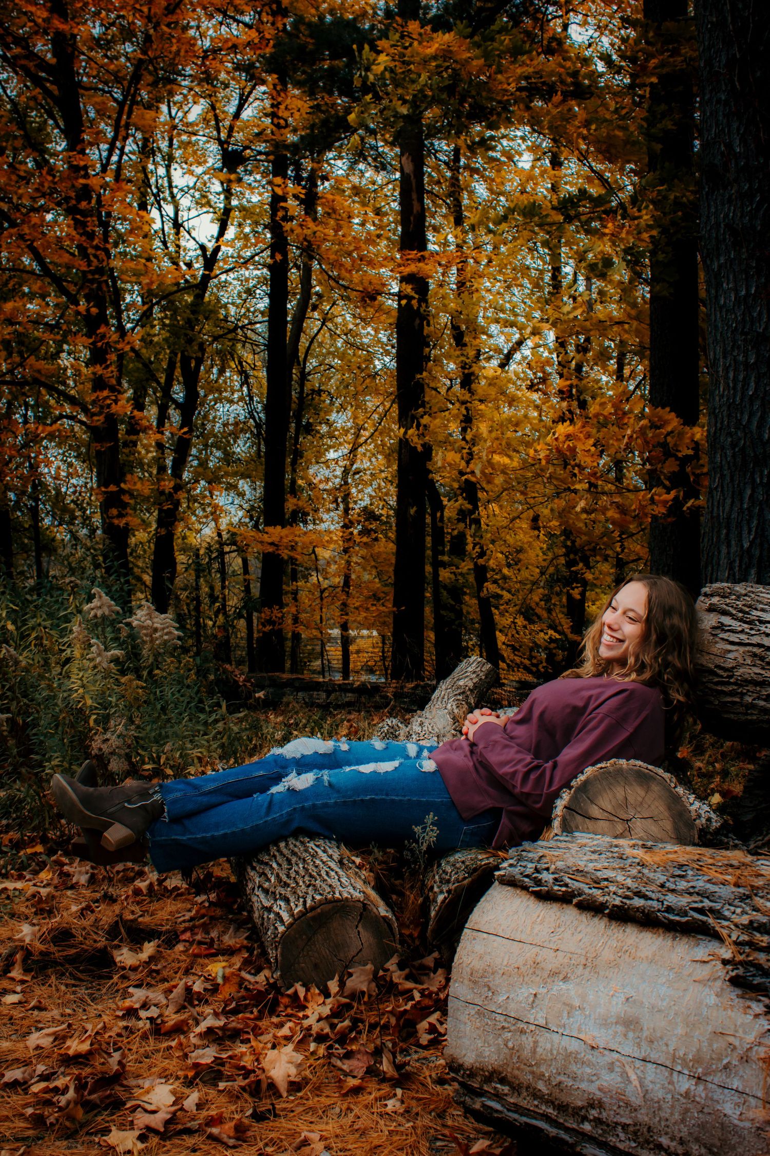 Autumn portrait session with fallen leaves and rustic log in vibrant forest.