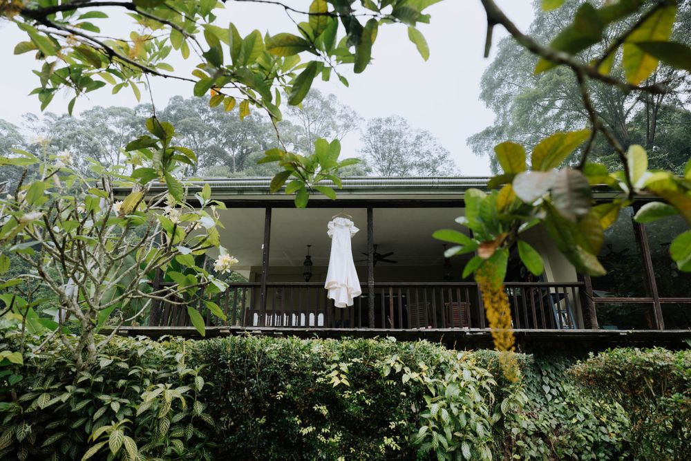 A white wedding dress hangs on display on a rustic balcony surrounded by lush greenery and misty forest.