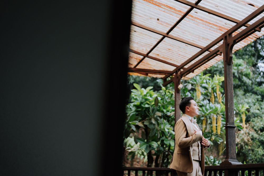 Person standing thoughtfully under a covered patio with lush greenery in the background.
