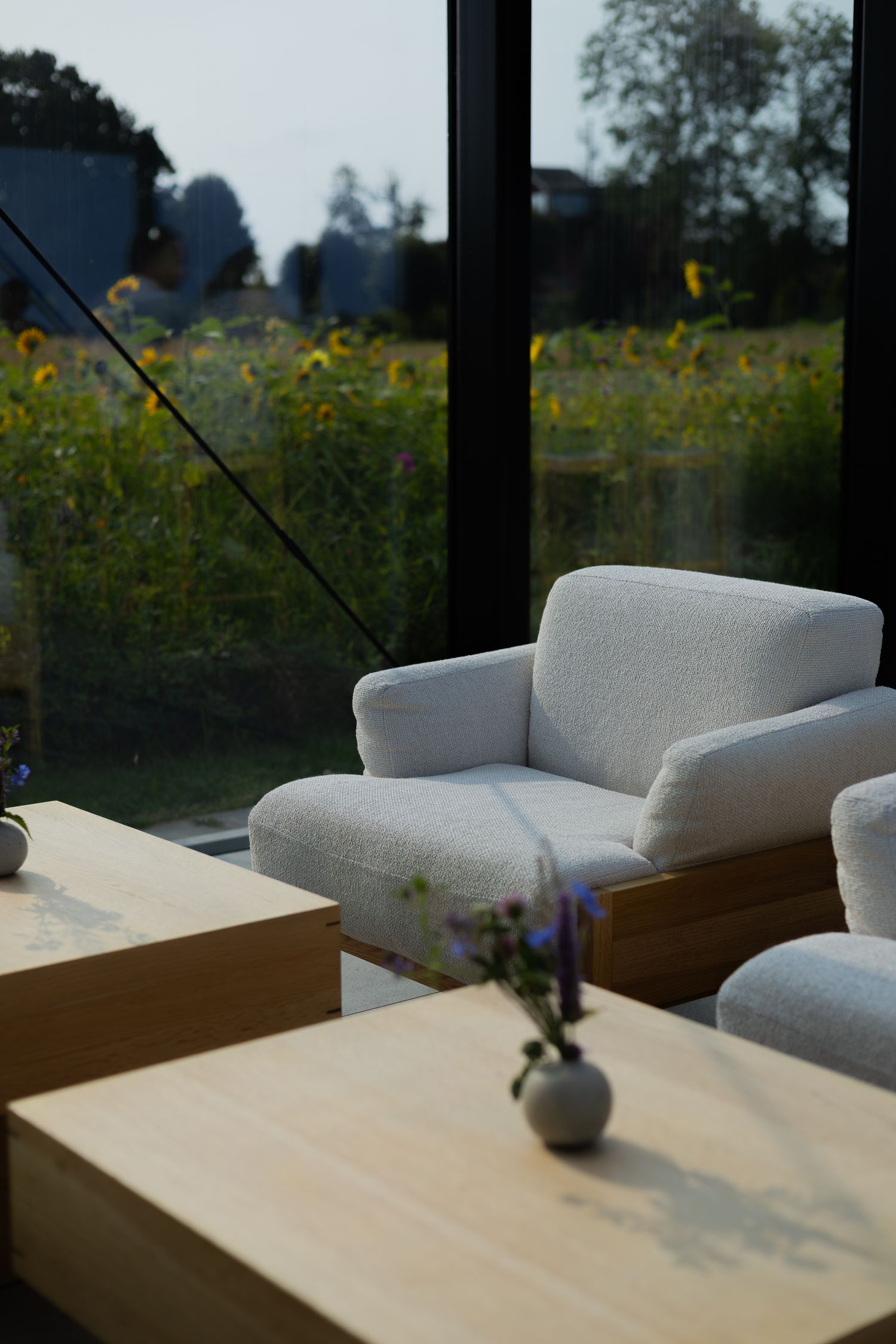 Modern gray armchair and wooden coffee table by window overlooking wildflower garden at sunset.