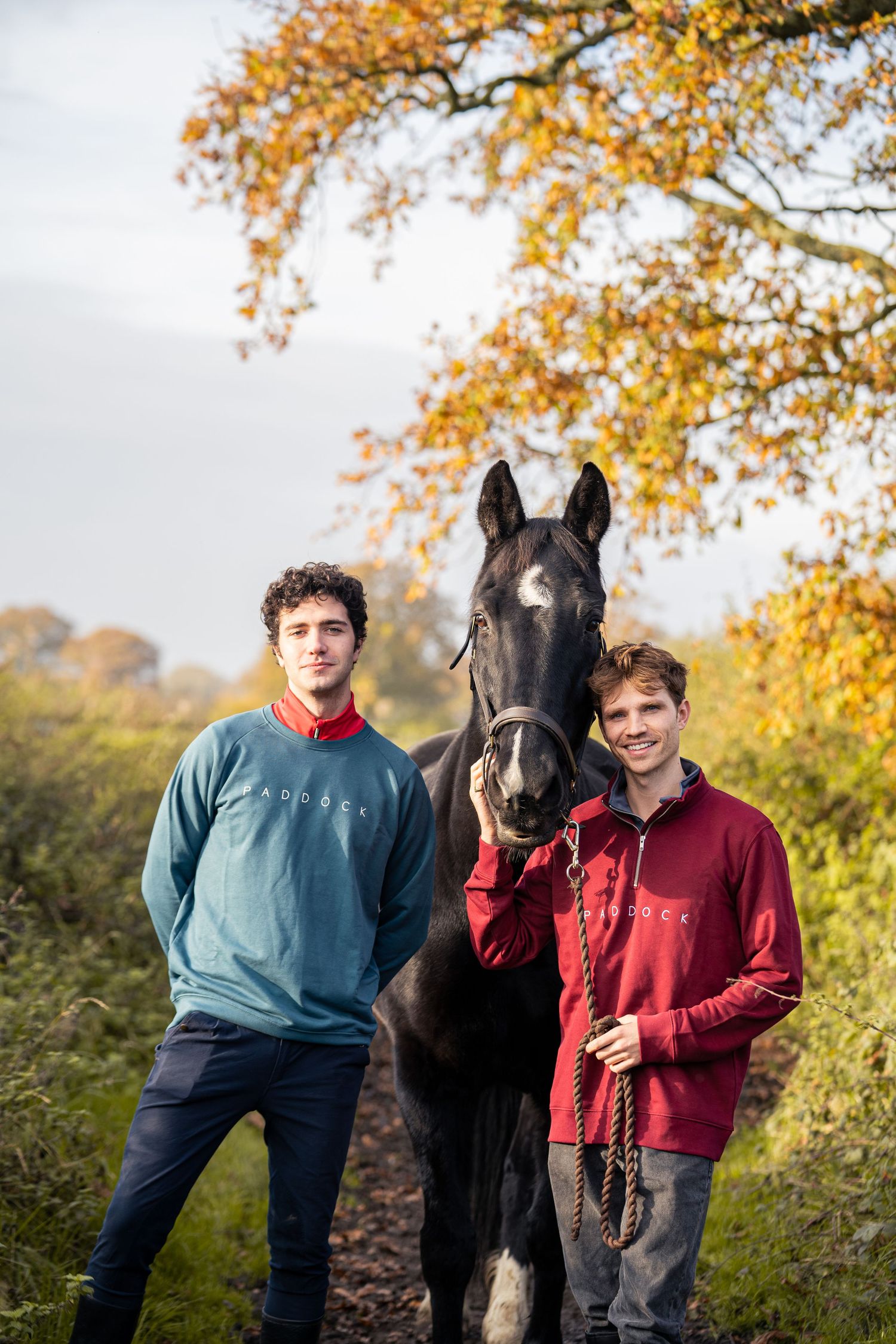 Bruce Herbelin-Earl and Joe Ashman who play Marcus and Callum on Netflix show Free Rein doing an equestrian photoshoot for Paddock Apparel