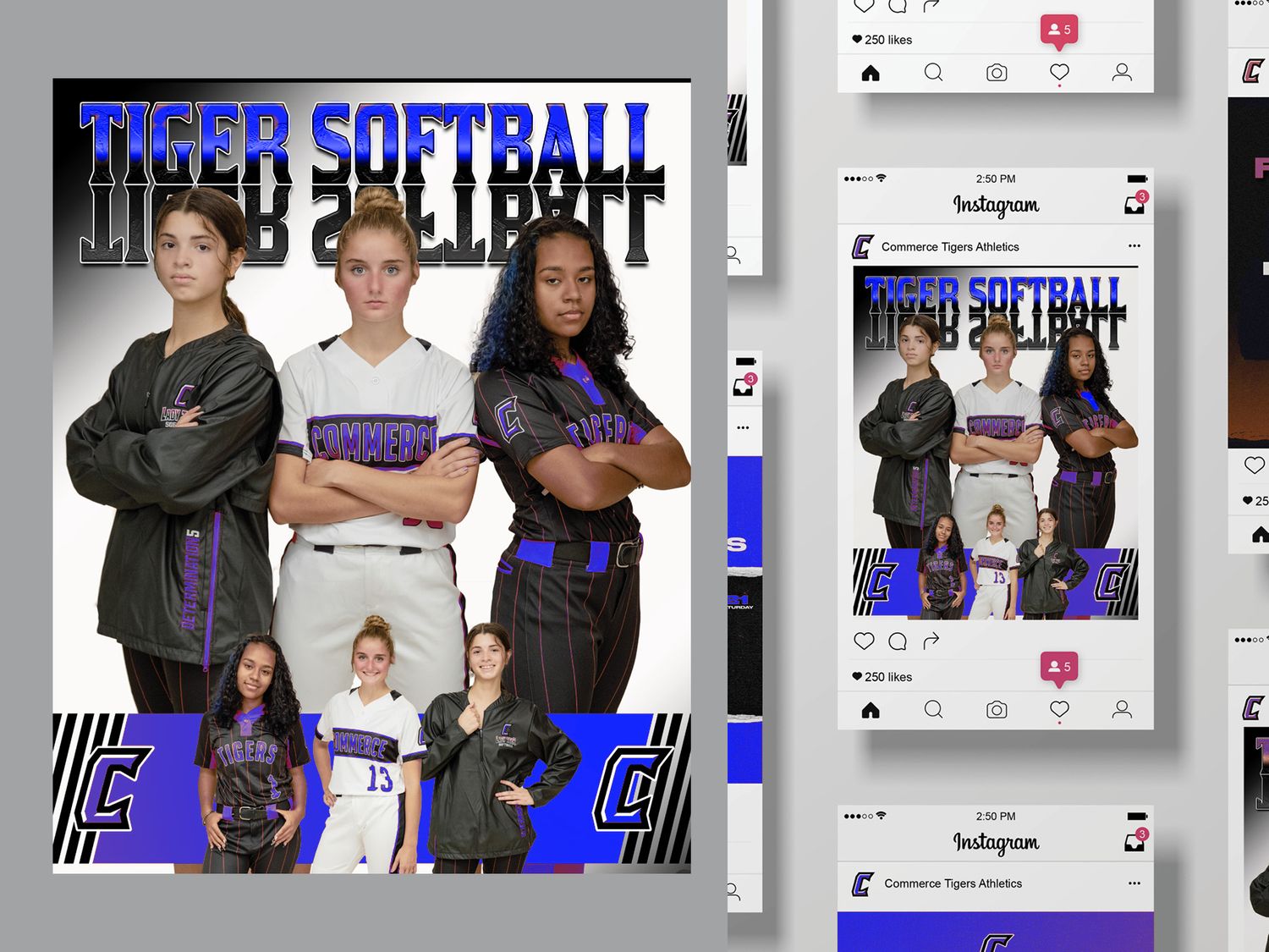 Athletic team promotional collage featuring team members in uniforms with blue stylized graphics and social media post layouts.