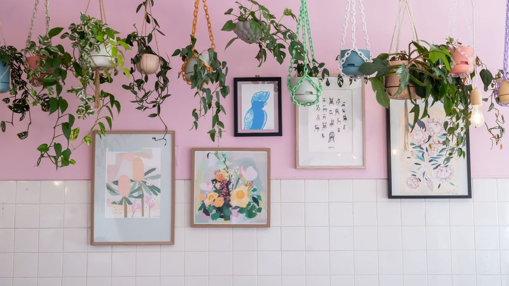 Framed floral artwork and cascading potted plants decorate a pink wall with white brick texture.