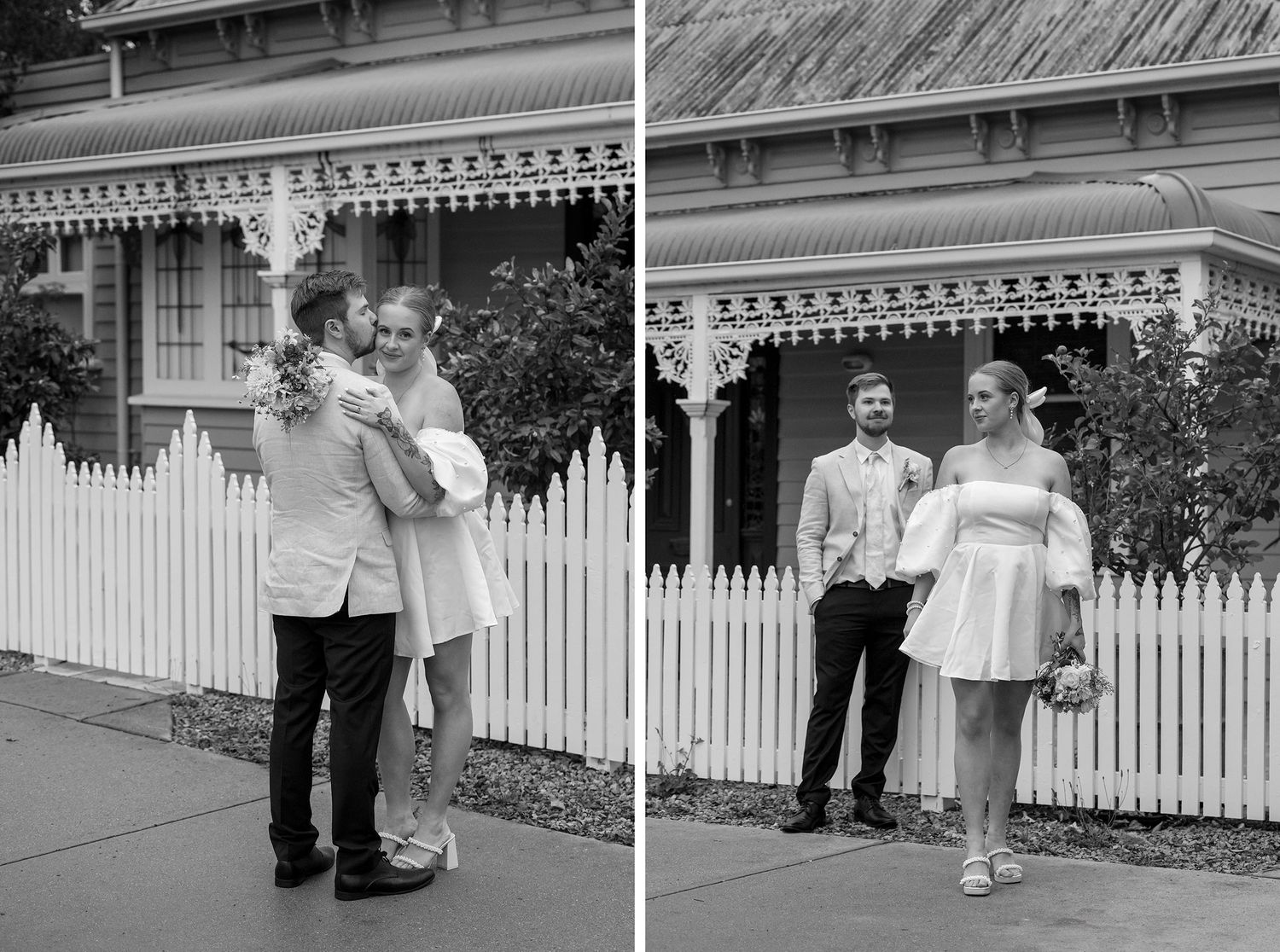A vintage black and white photograph shows a Bride and Groom standing in front of a Victorian house with a white picket fence in Beechworth.