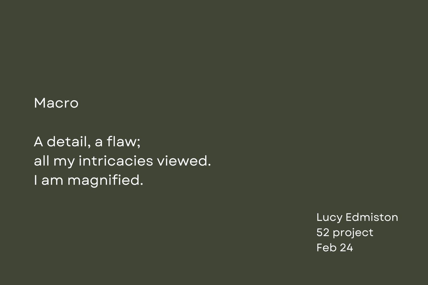 Short verse titled 'Macro' exploring details and magnification presented on dark green background.