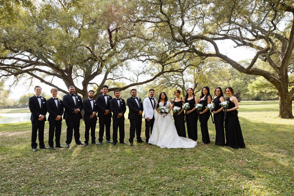 Wedding party in black formal attire poses under sprawling oak trees with bride and groom at center.